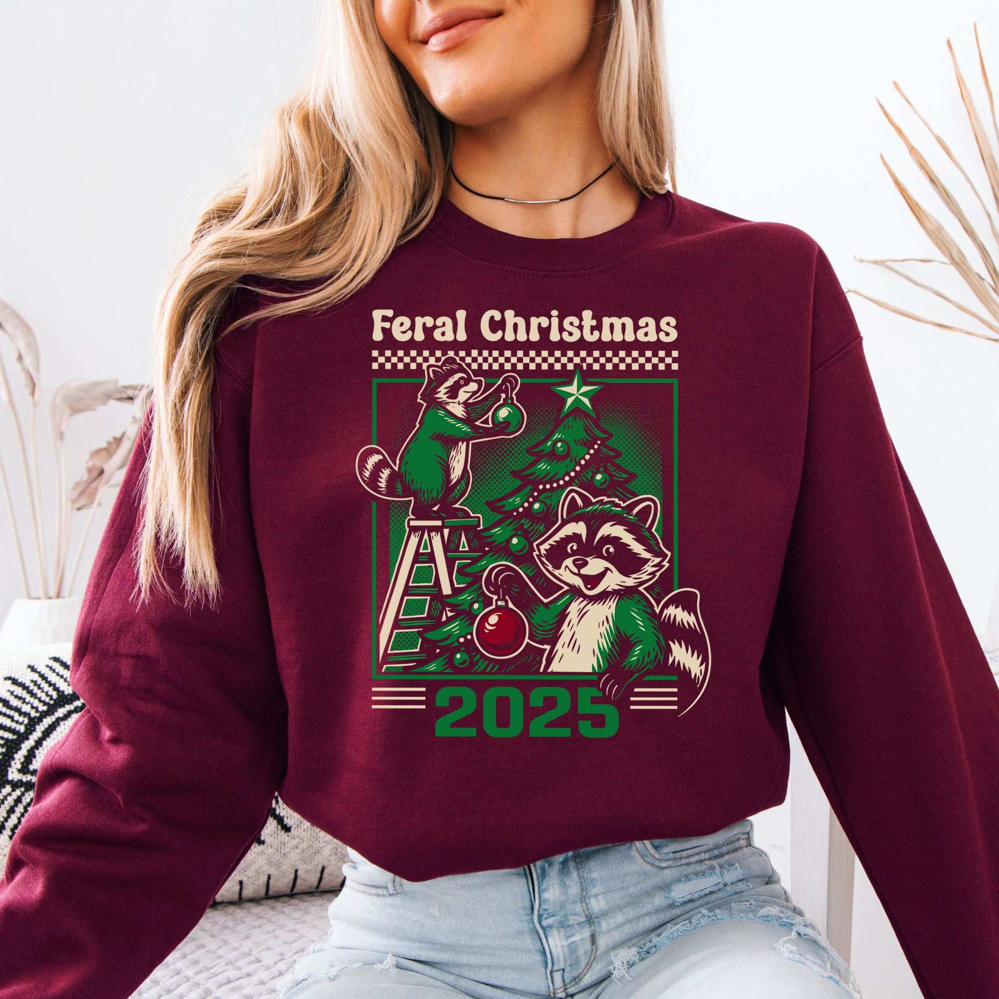 Feral Christmas Raccoon Sweatshirt – Cute Chaos Holiday Tree Vibes