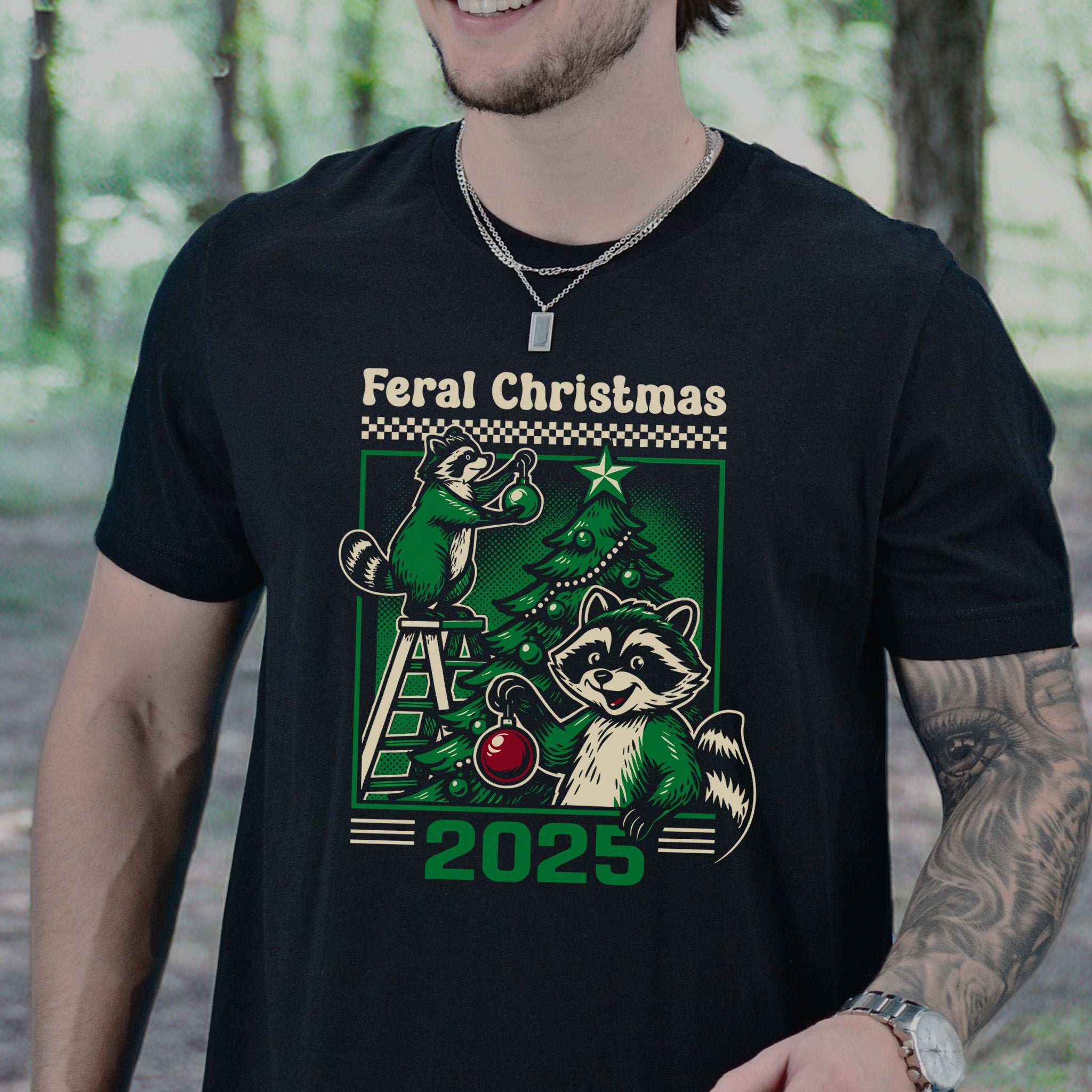 Feral Christmas Raccoon T-Shirt – Cute Chaos Holiday Tree Tee