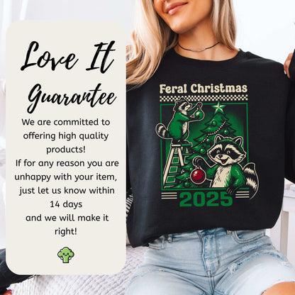 Feral Christmas Raccoon Sweatshirt – Cute Chaos Holiday Tree Vibes