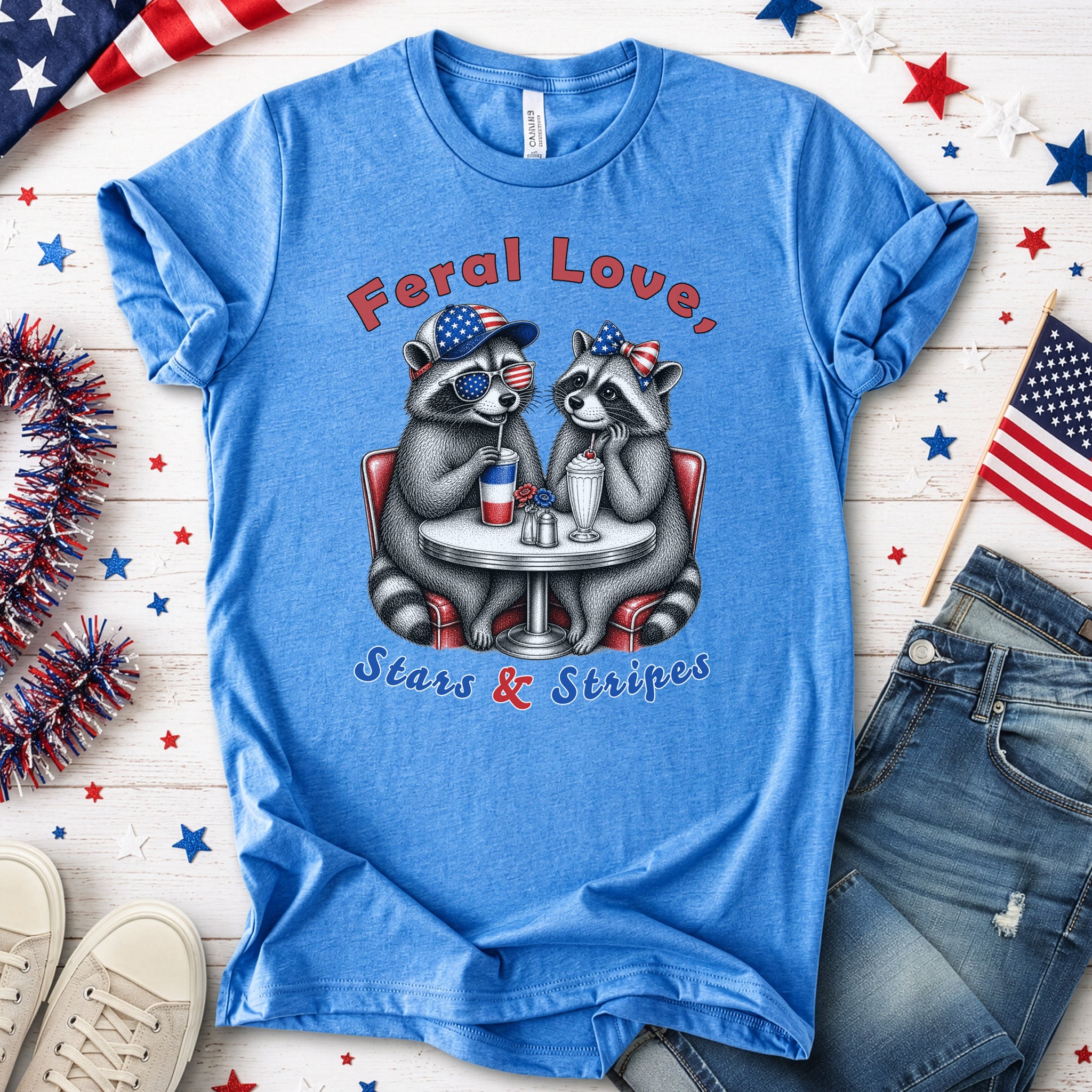 Feral Love Stars & Stripes Patriotic Raccoon Diner Date T-Shirt