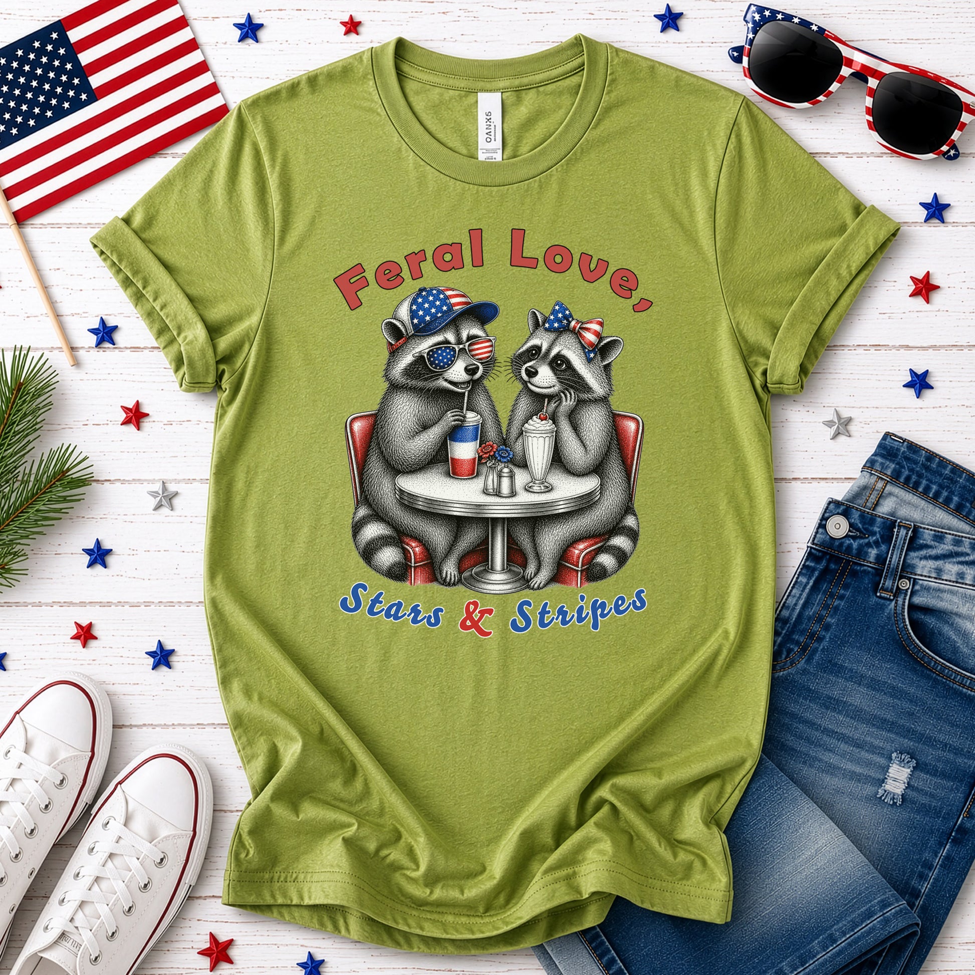 Feral Love Stars & Stripes Patriotic Raccoon Diner Date T-Shirt