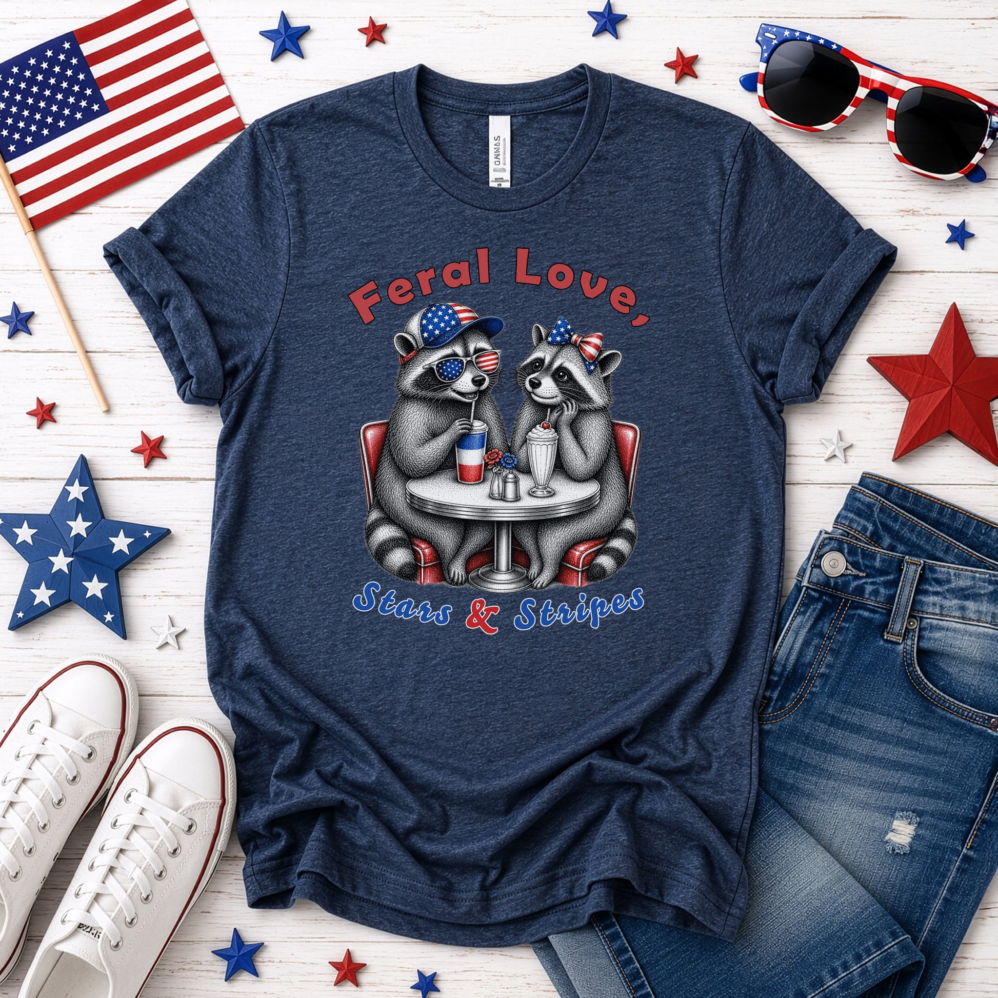 Feral Love Stars & Stripes Patriotic Raccoon Diner Date T-Shirt