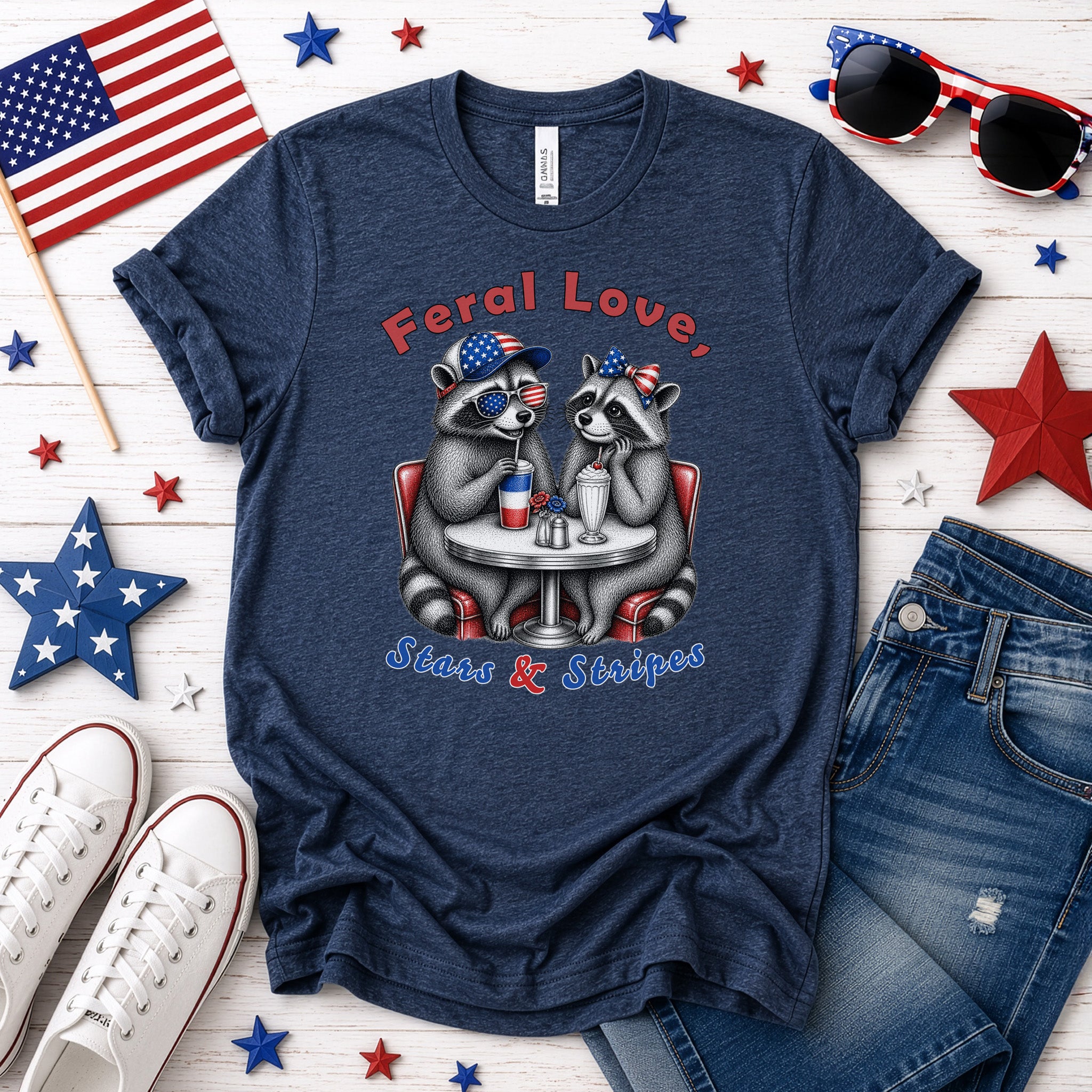 Feral Love Stars & Stripes Patriotic Raccoon Diner Date T-Shirt