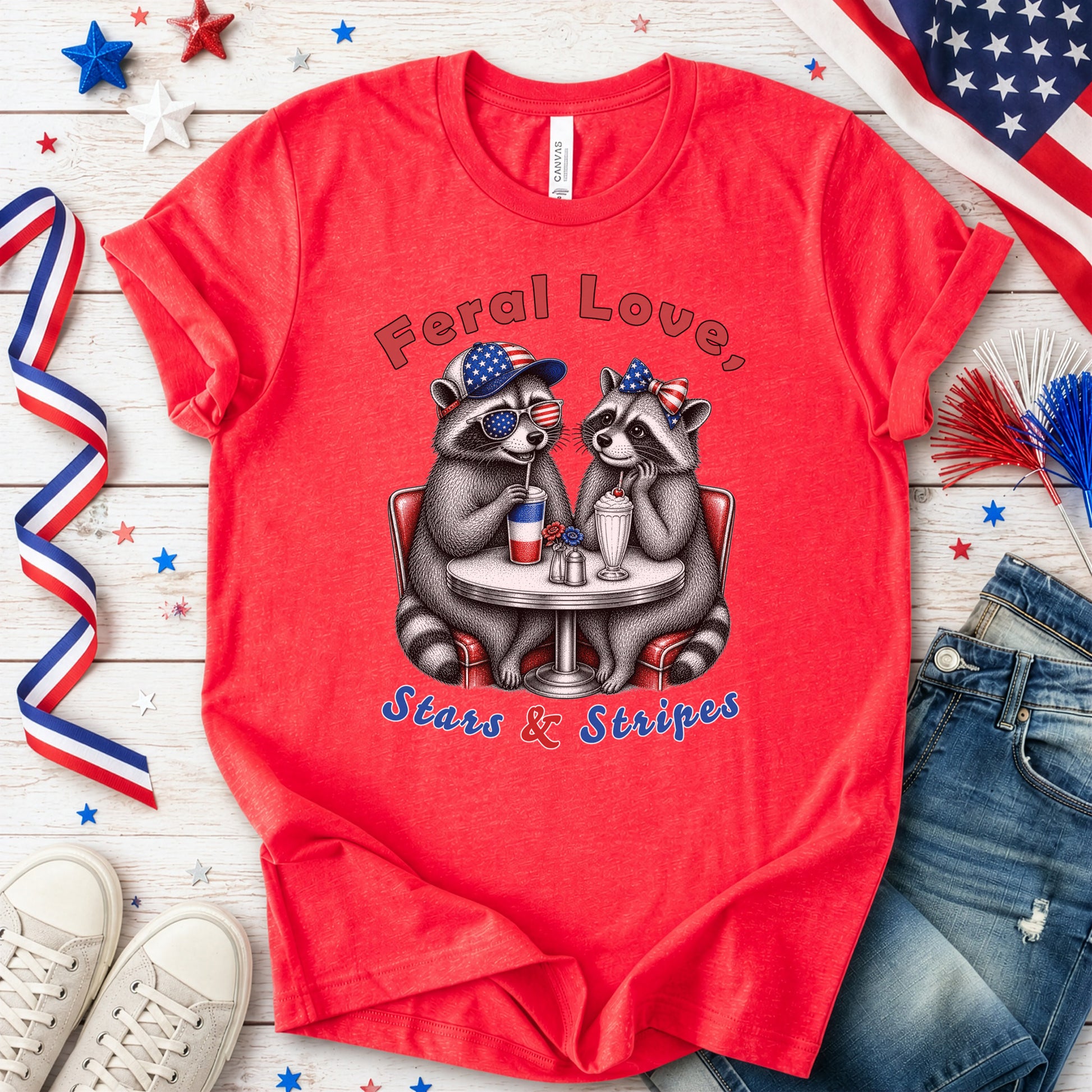 Feral Love Stars & Stripes Patriotic Raccoon Diner Date T-Shirt