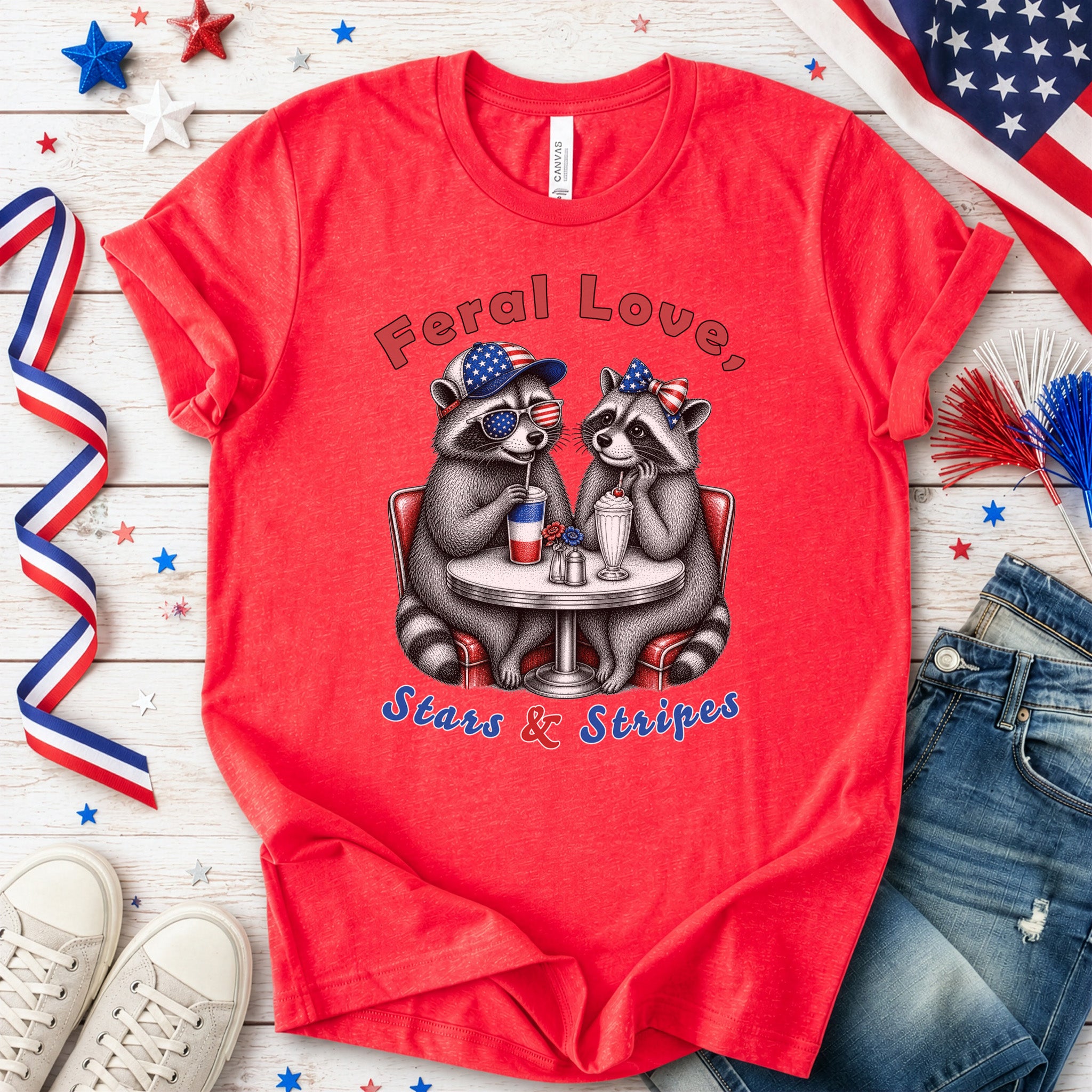 Feral Love Stars & Stripes Patriotic Raccoon Diner Date T-Shirt