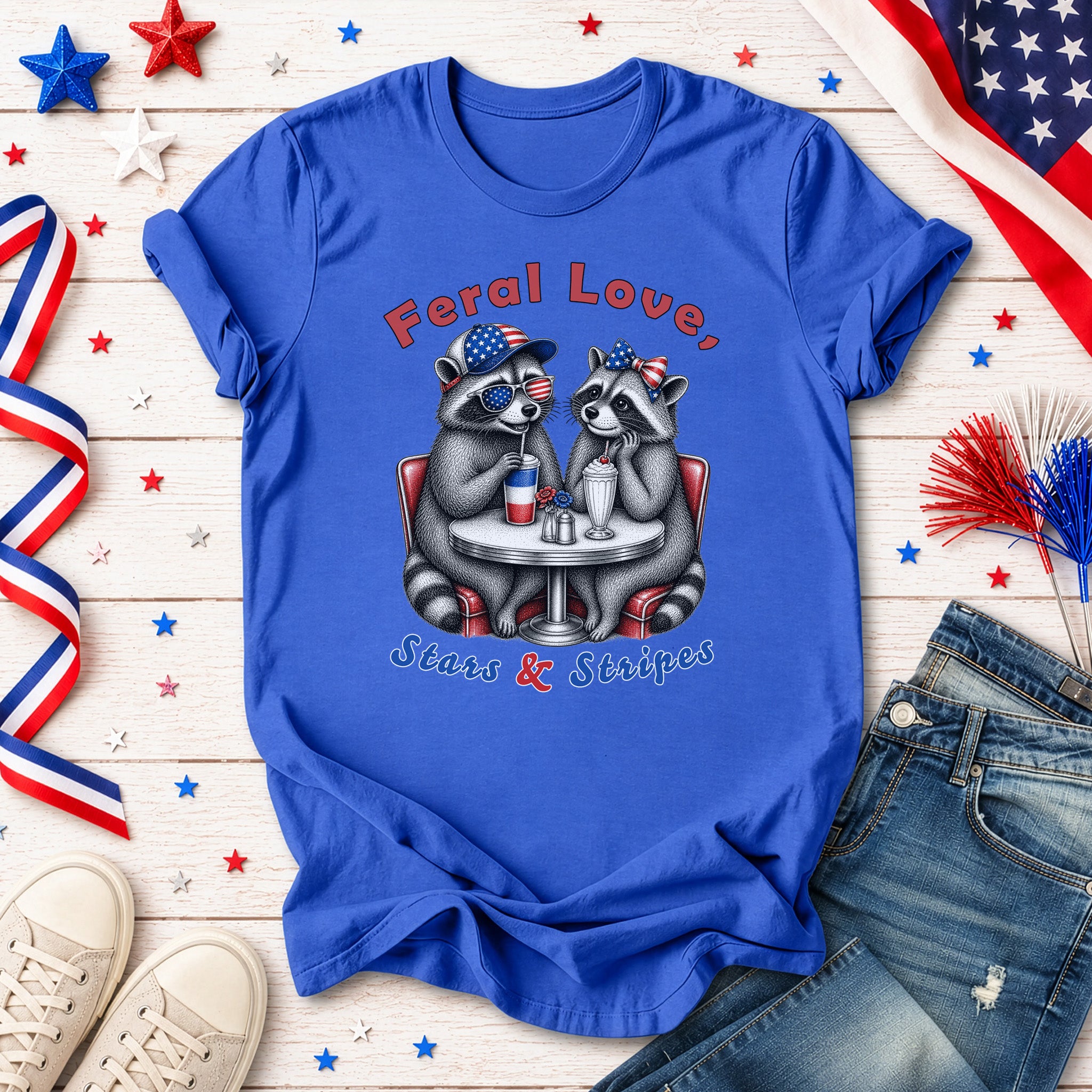 Feral Love Stars & Stripes Patriotic Raccoon Diner Date T-Shirt