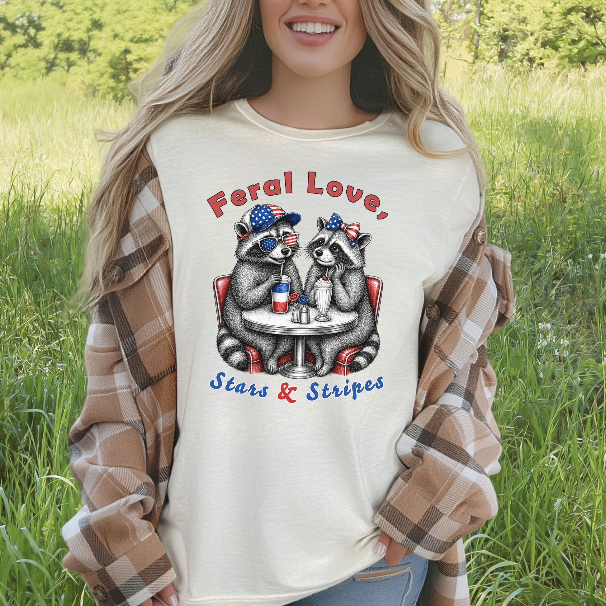Feral Love Stars & Stripes Patriotic Raccoon Diner Date T-Shirt