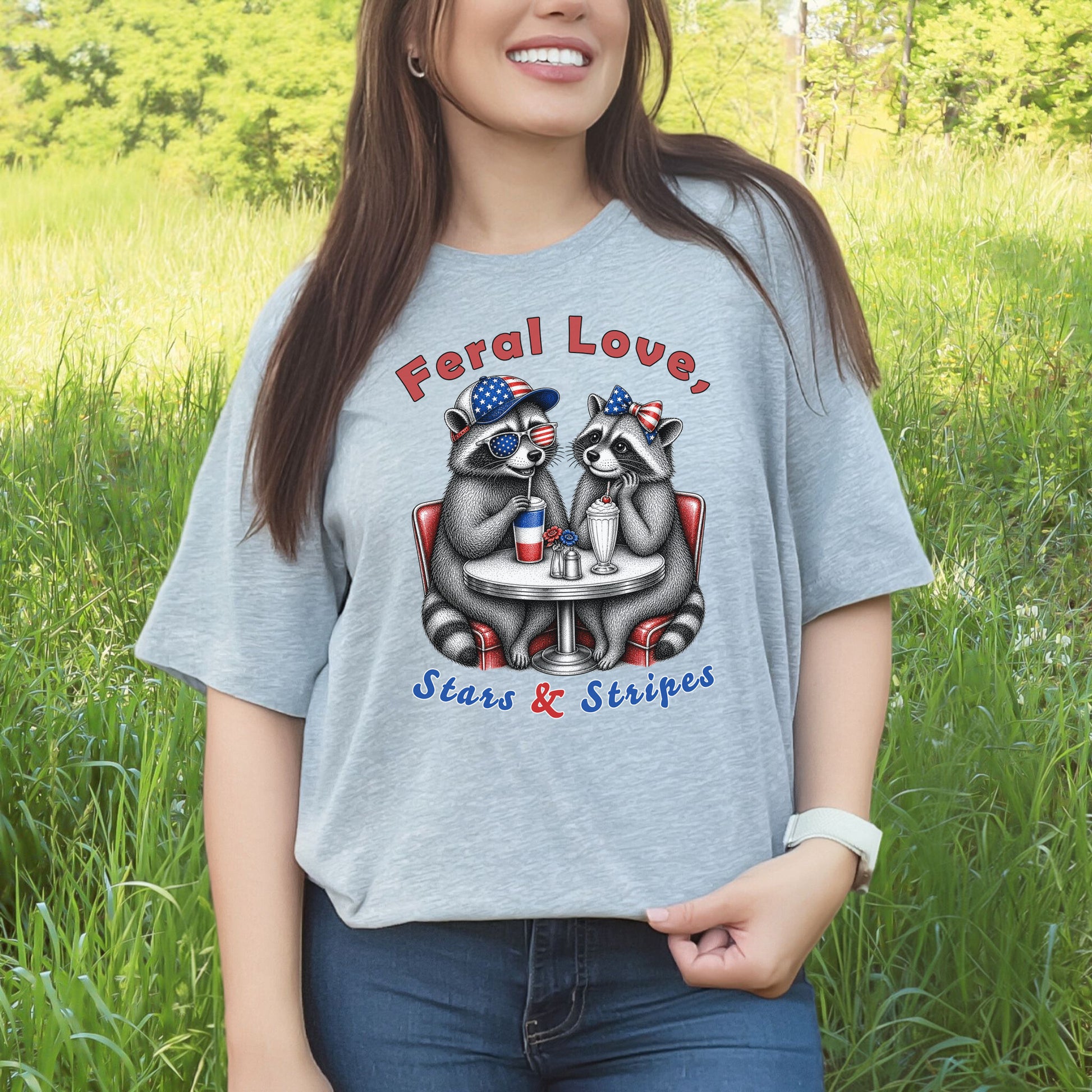 Feral Love Stars & Stripes Patriotic Raccoon Diner Date T-Shirt