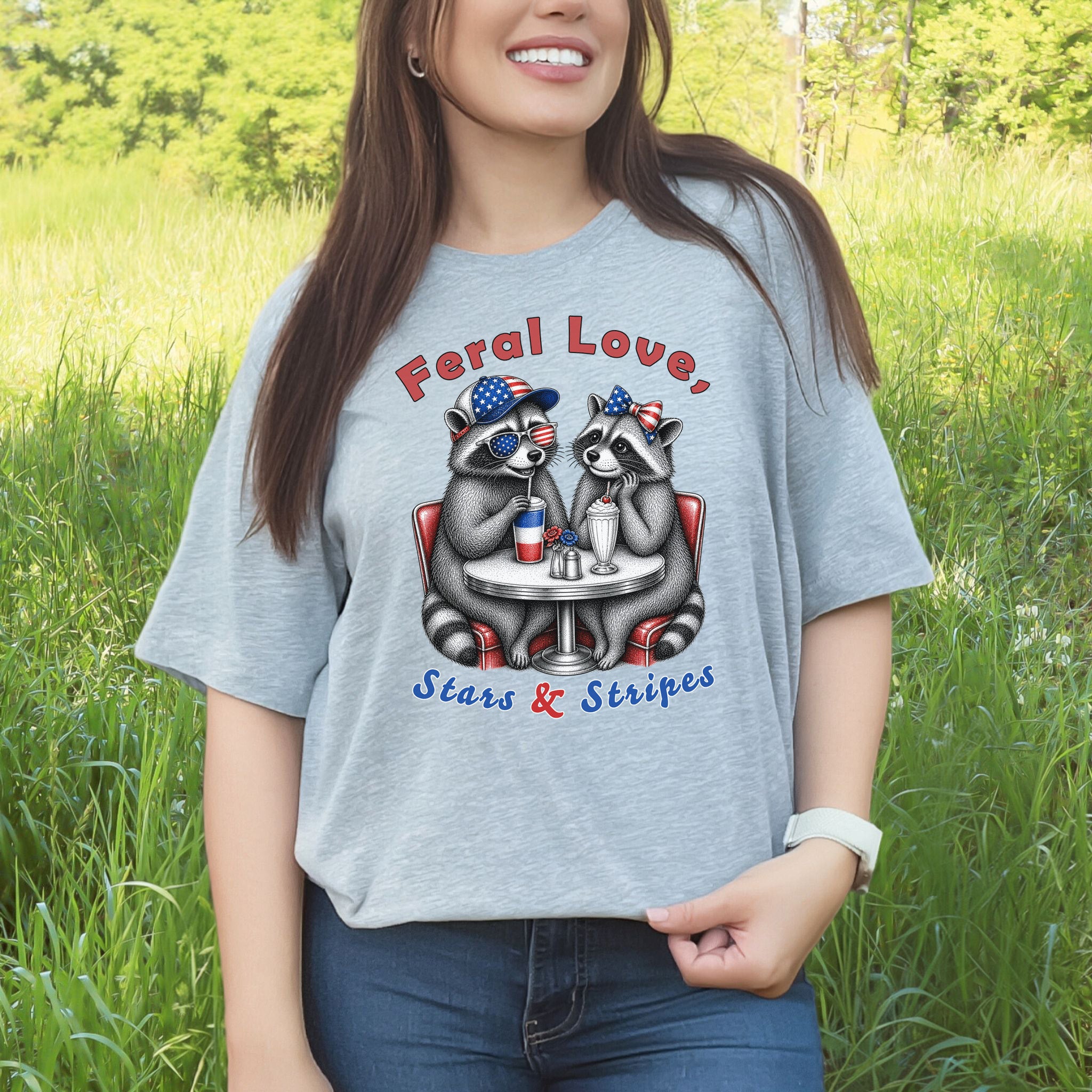 Feral Love Stars & Stripes Patriotic Raccoon Diner Date T-Shirt