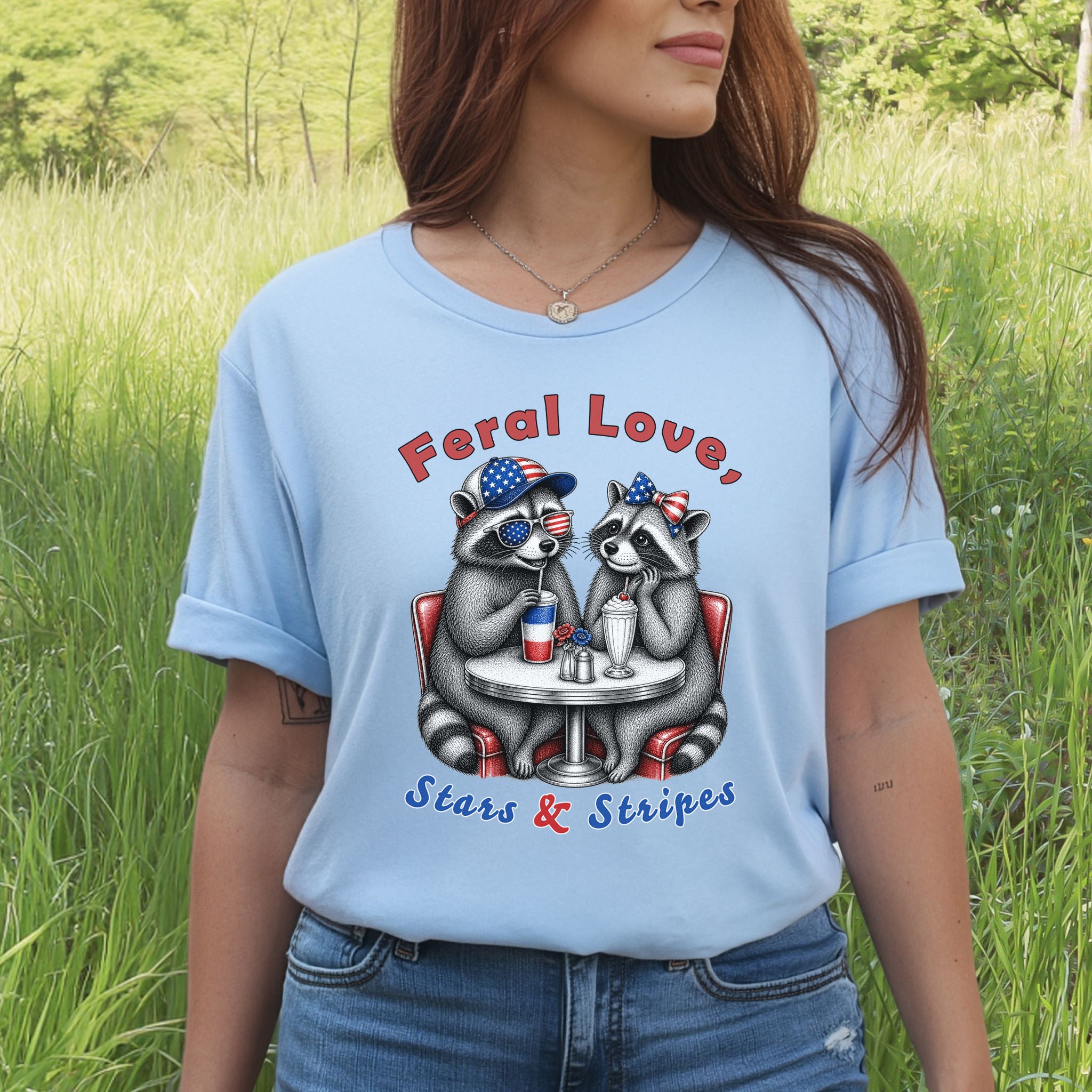 Feral Love Stars & Stripes Patriotic Raccoon Diner Date T-Shirt