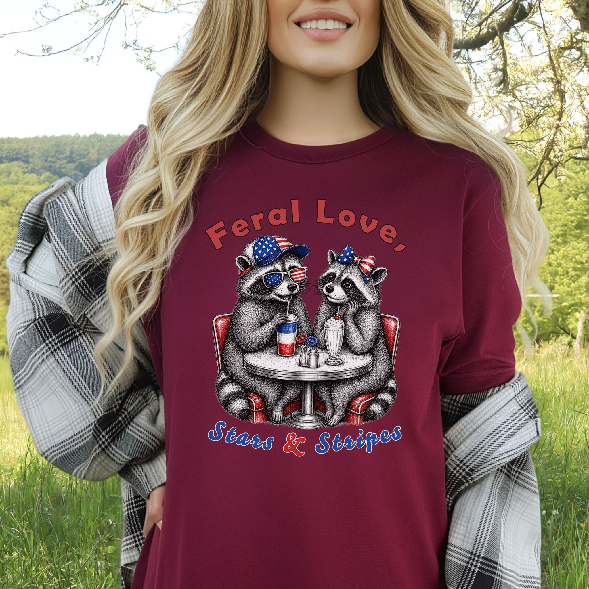 Feral Love Stars & Stripes Patriotic Raccoon Diner Date T-Shirt