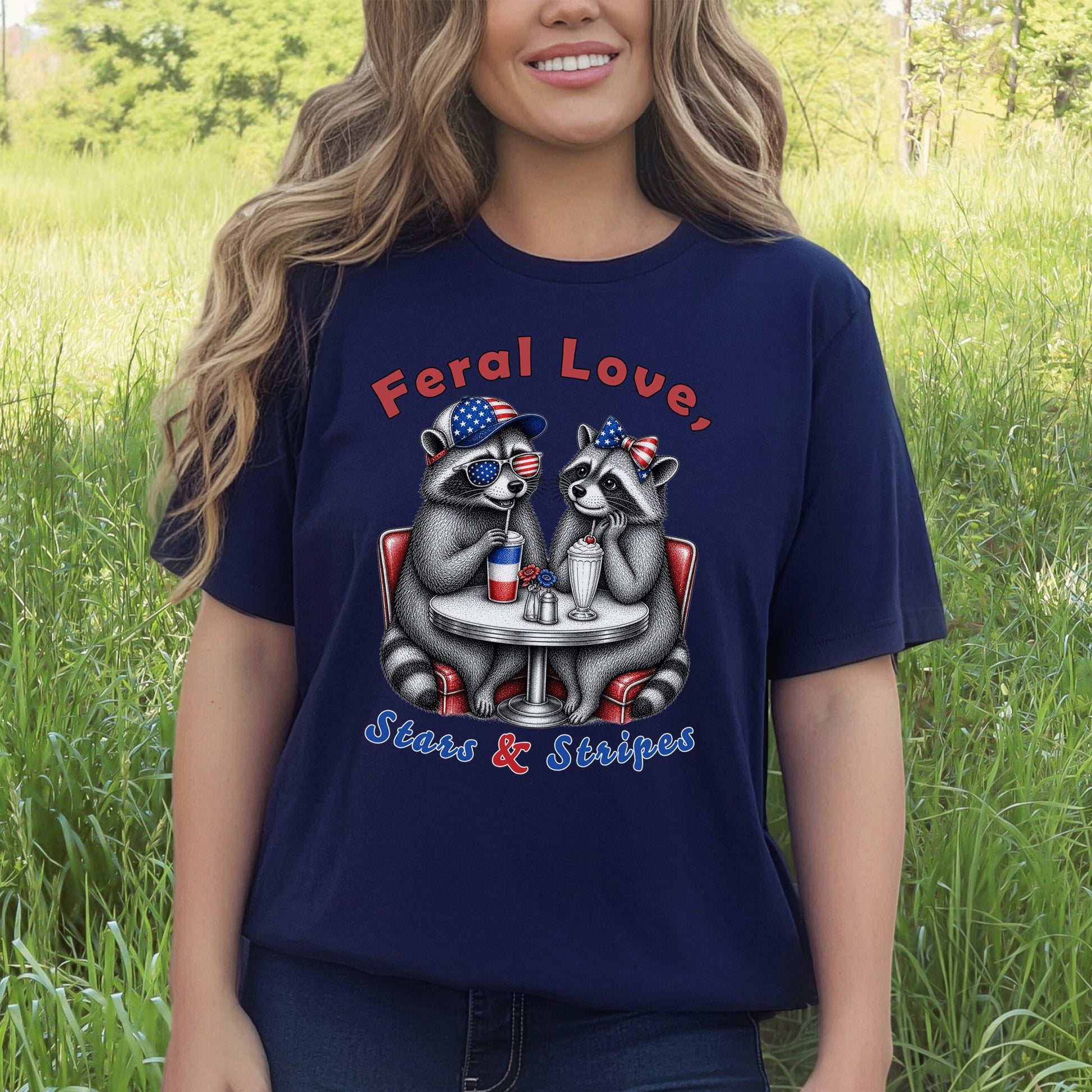 Feral Love Stars & Stripes Patriotic Raccoon Diner Date T-Shirt