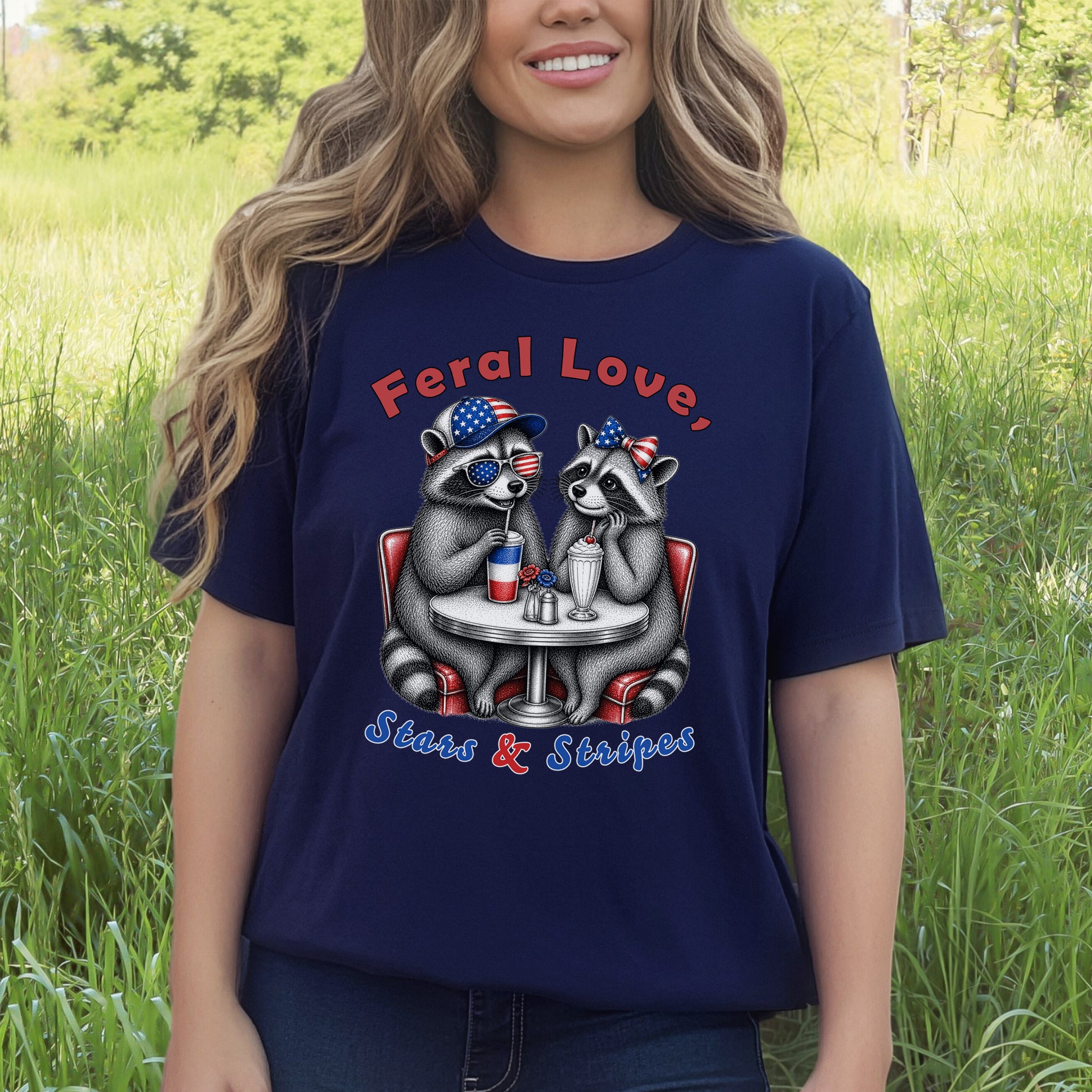Feral Love Stars & Stripes Patriotic Raccoon Diner Date T-Shirt