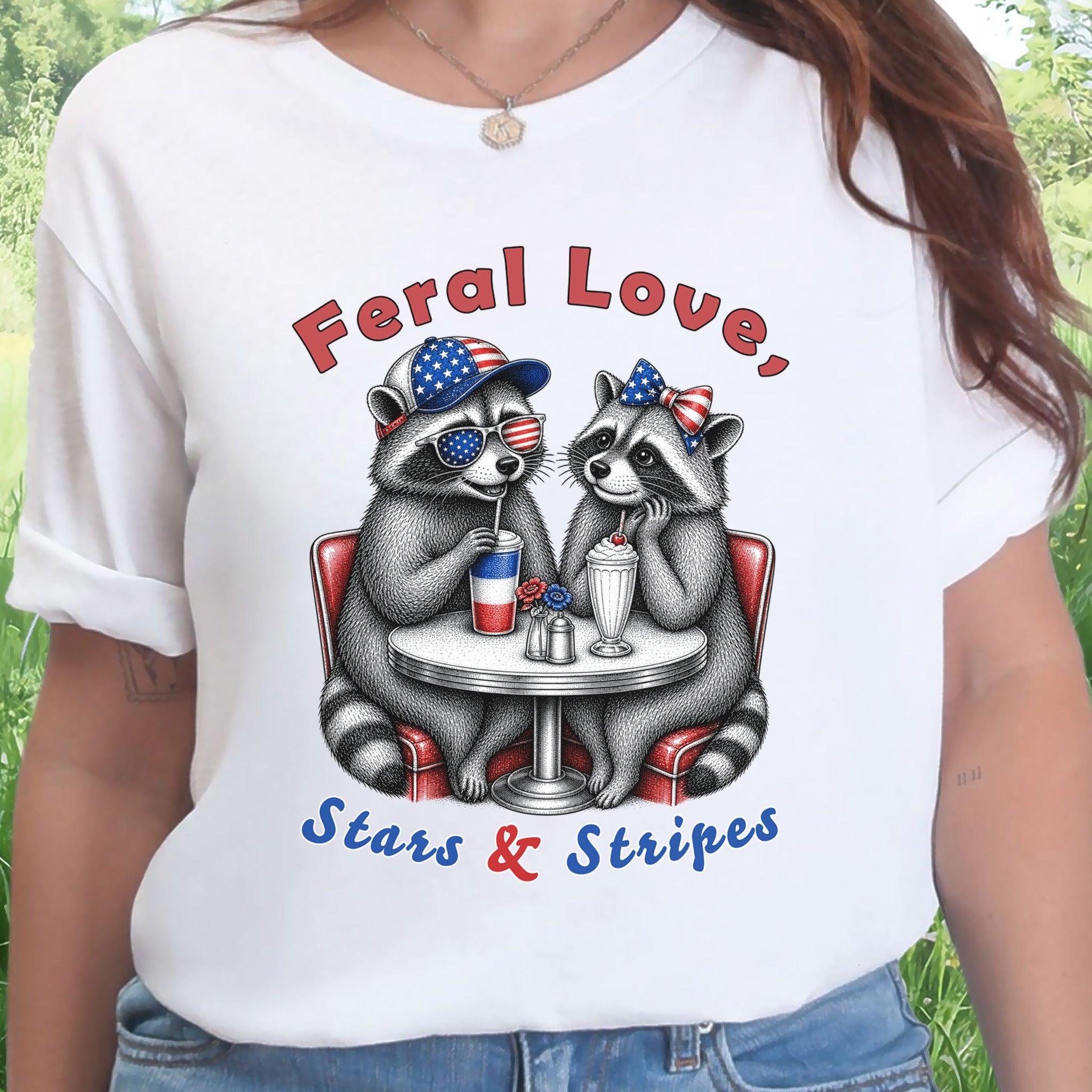 Feral Love Stars & Stripes Patriotic Raccoon Diner Date T-Shirt