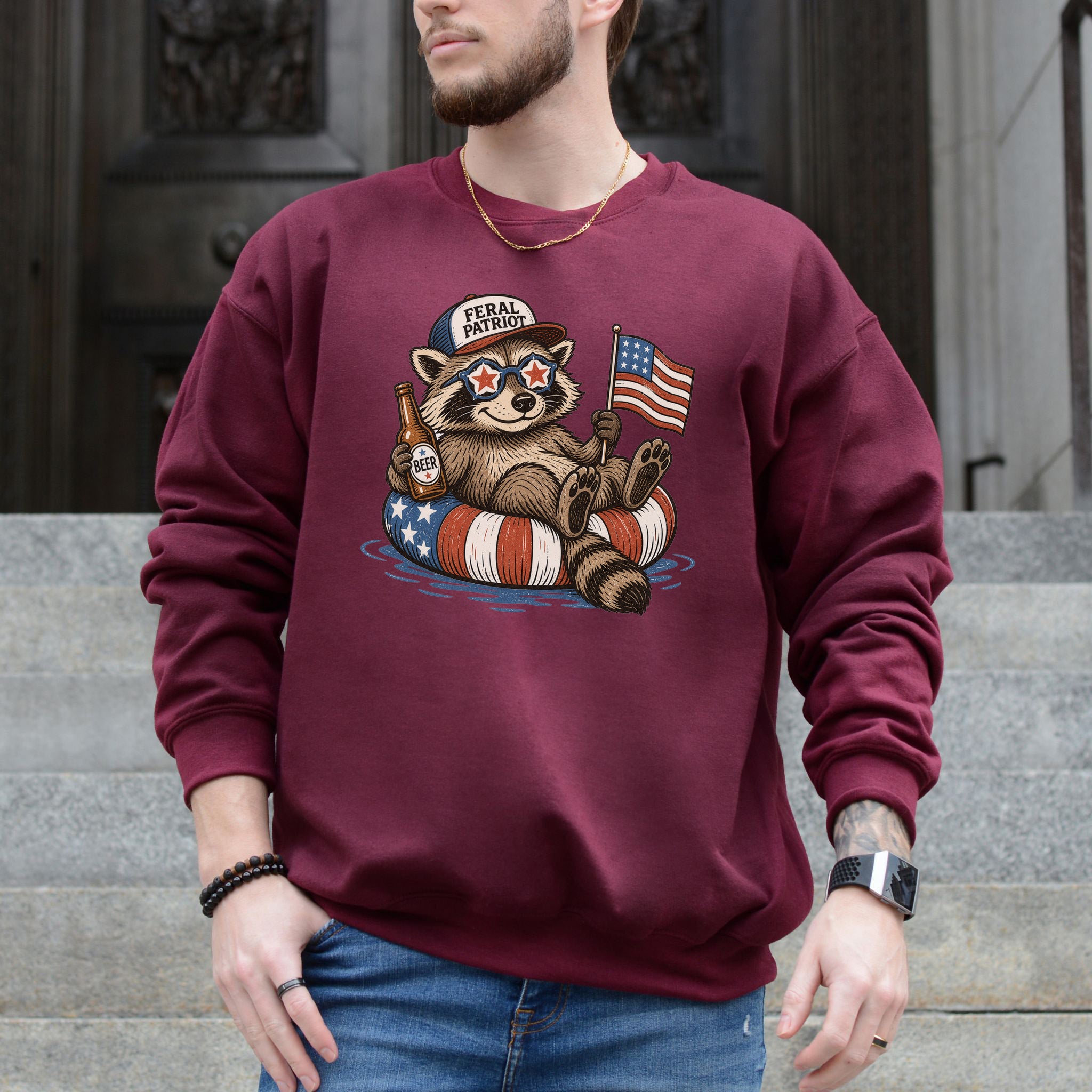 Feral Patriot Raccoon 4th of July Funny Americana Sweatshirt
