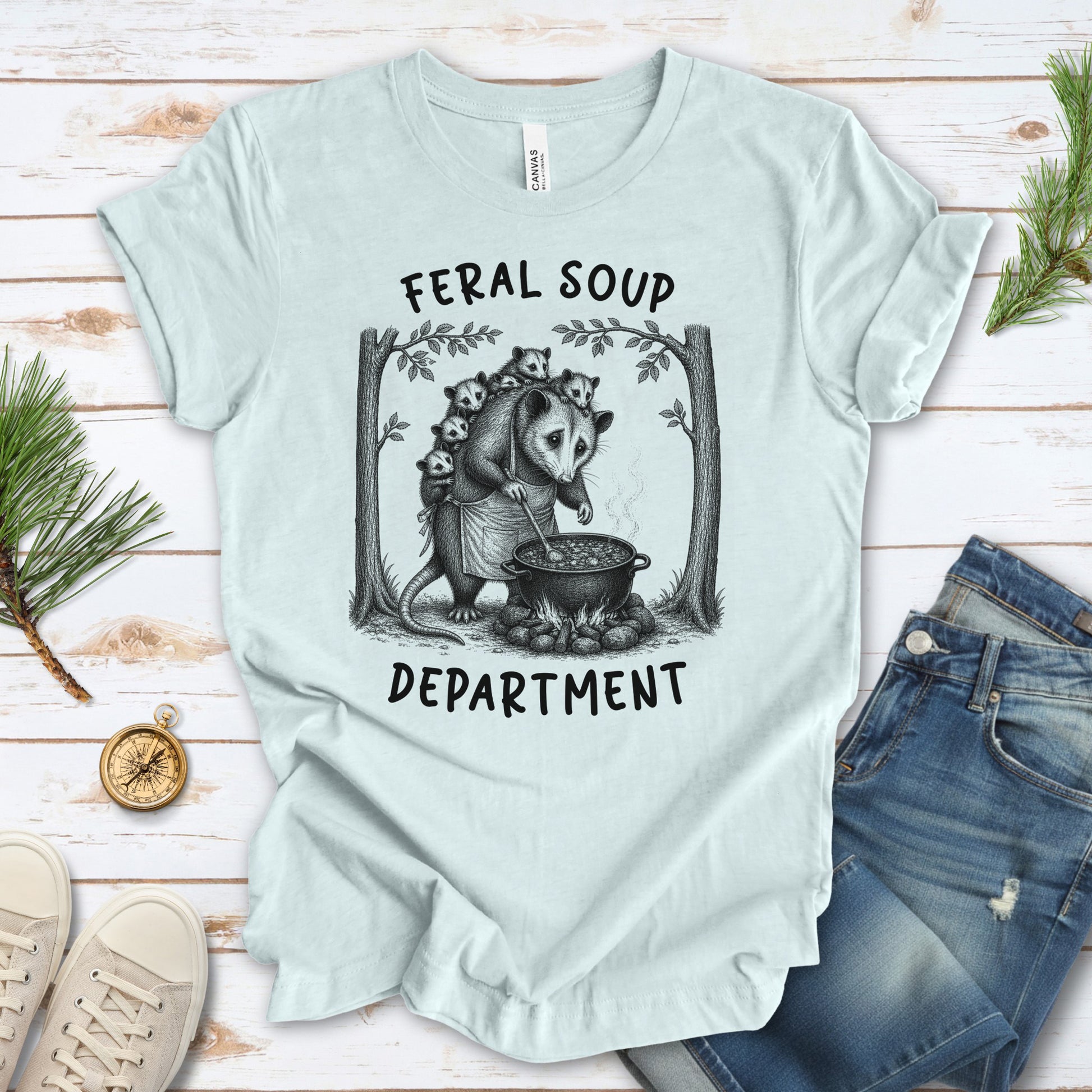 Feral Soup Department Opossum Mom Funny Possum Family Woodland Gift T-Shirt