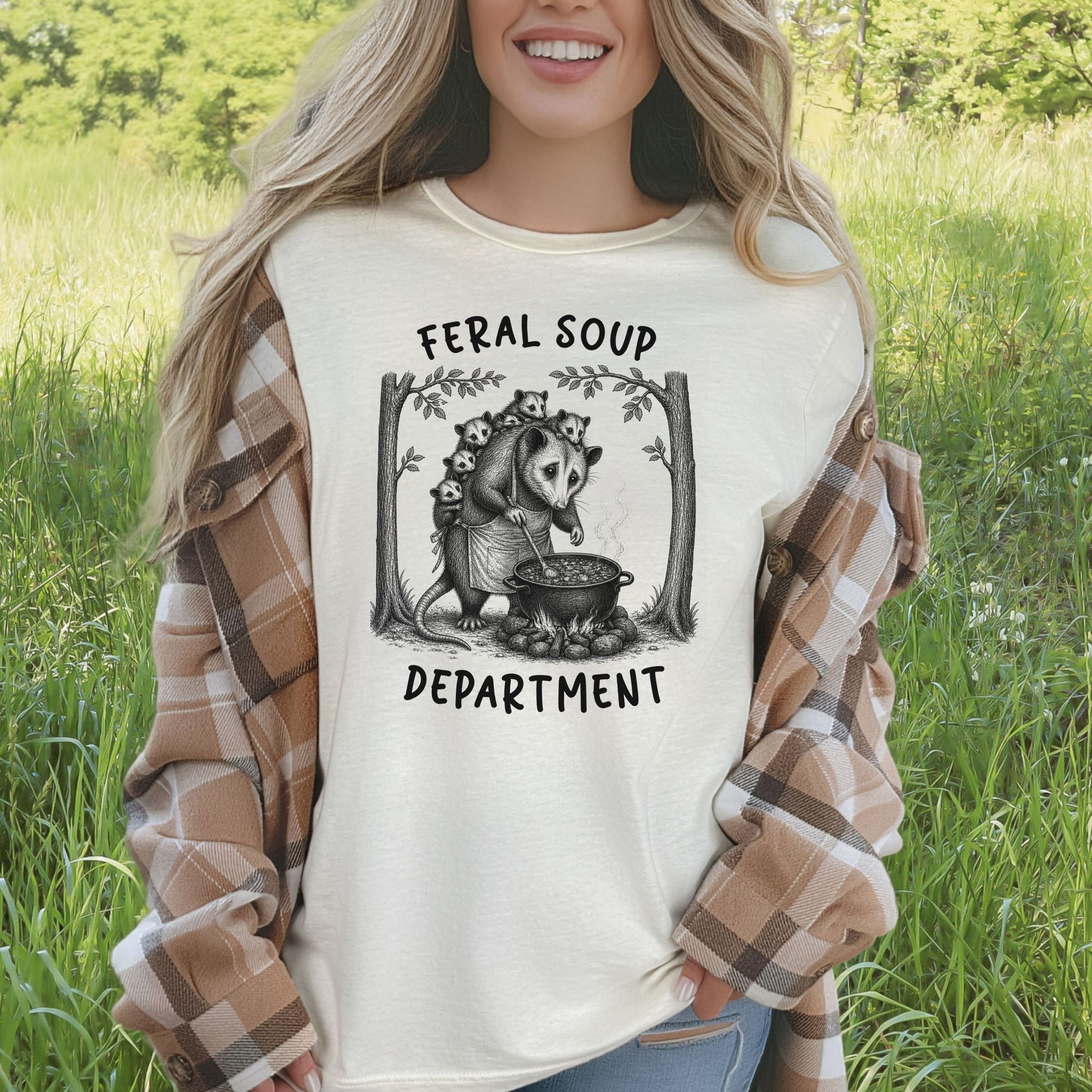 Feral Soup Department Opossum Mom Funny Possum Family Woodland Gift T-Shirt