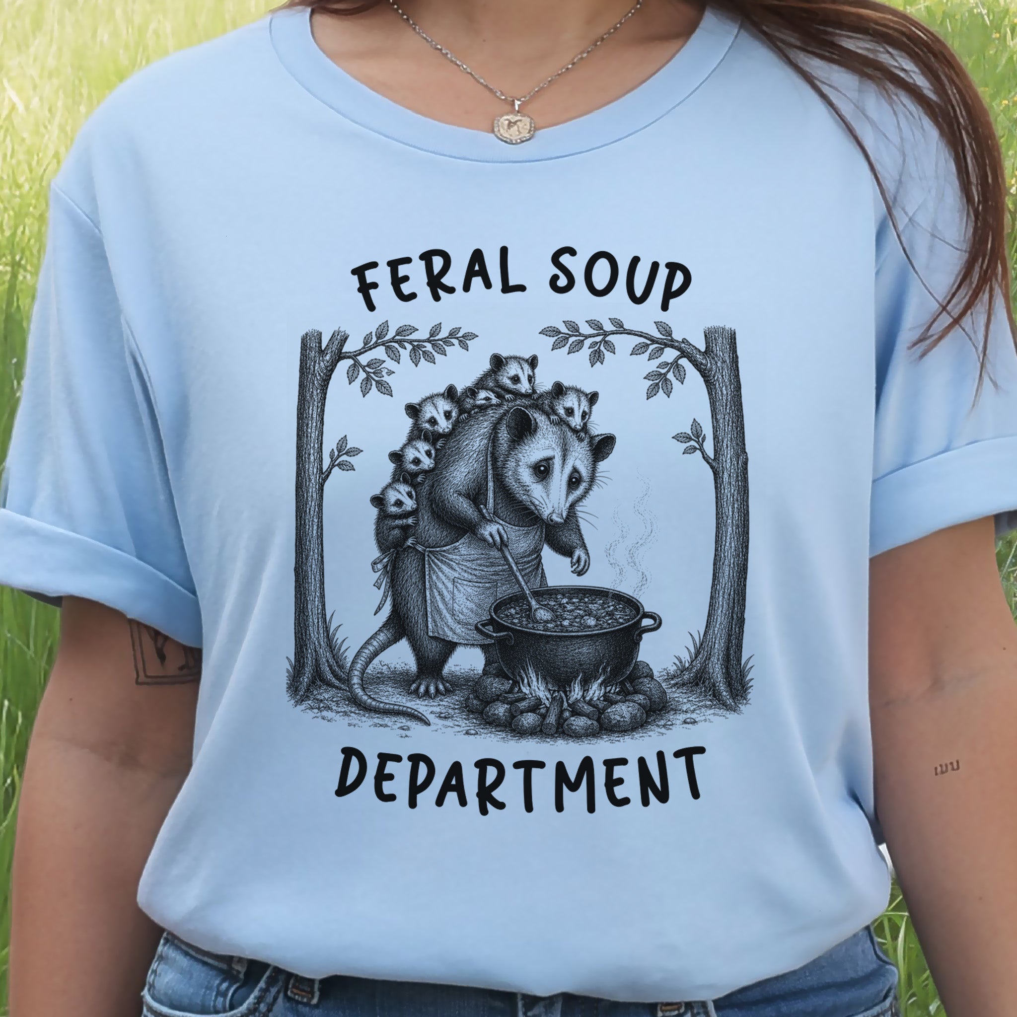 Feral Soup Department Opossum Mom Funny Possum Family Woodland Gift T-Shirt