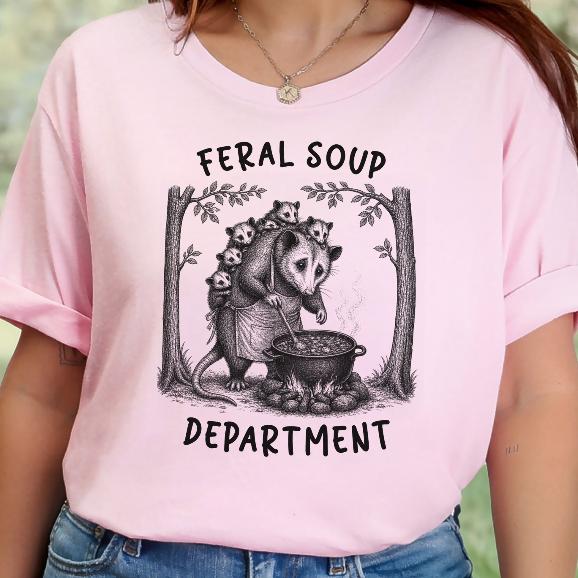 Feral Soup Department Opossum Mom Funny Possum Family Woodland Gift T-Shirt