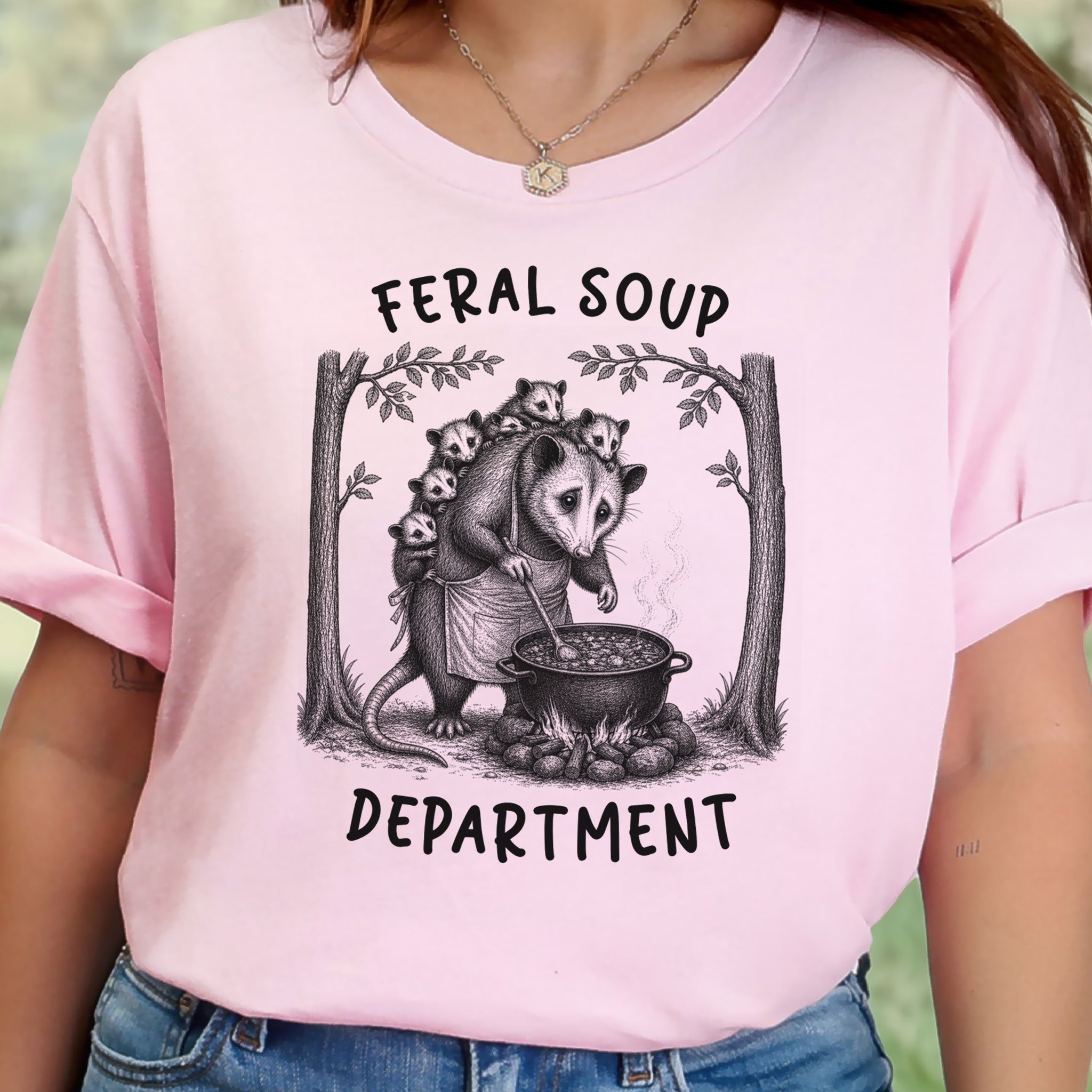 Feral Soup Department Opossum Mom Funny Possum Family Woodland Gift T-Shirt
