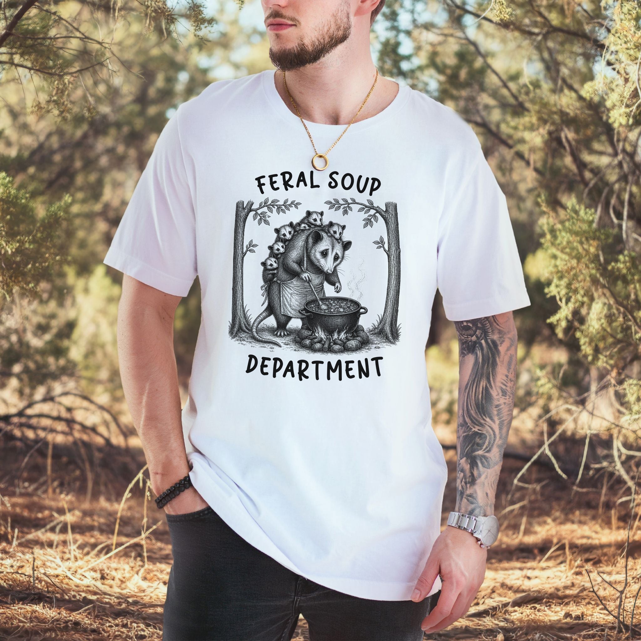 Feral Soup Department Opossum Mom Funny Possum Family Woodland Gift T-Shirt