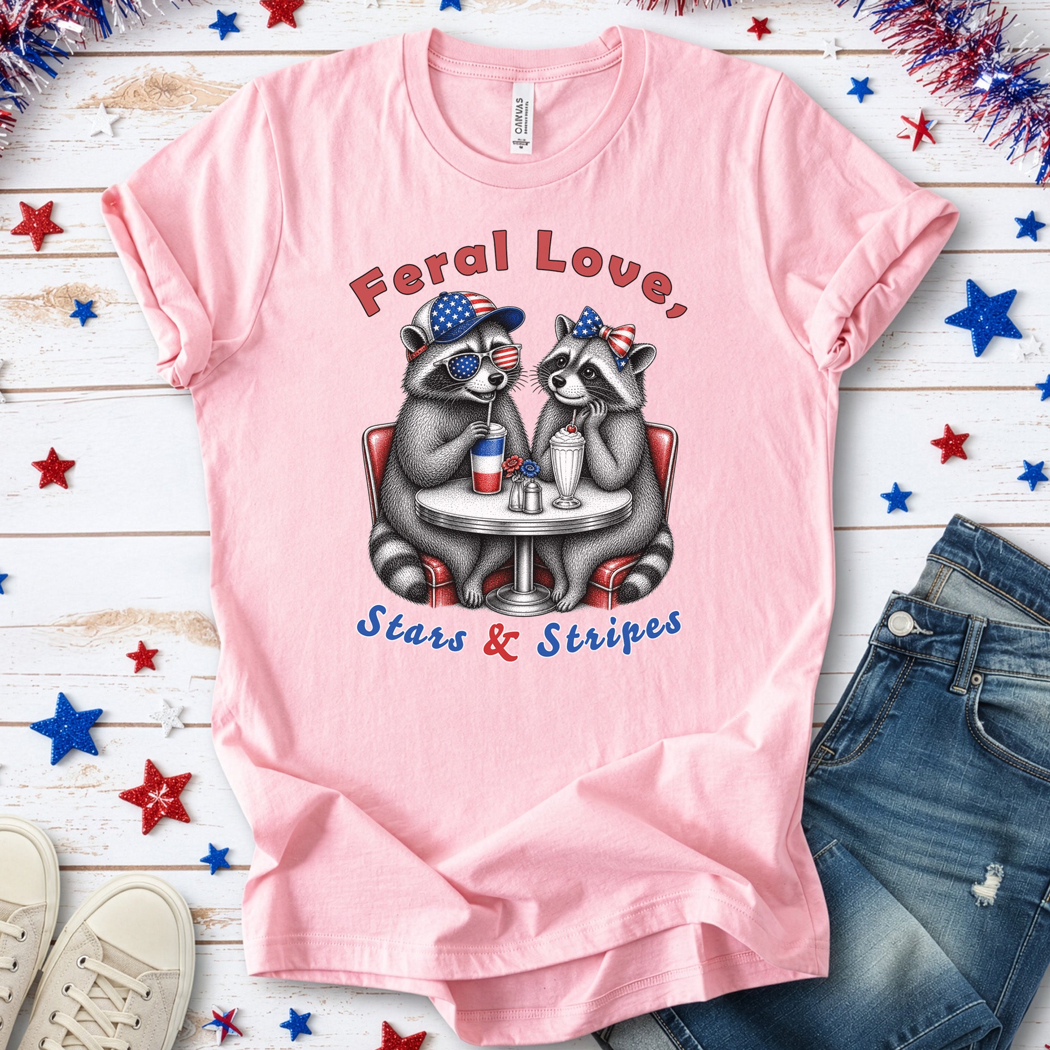 Feral Love Stars & Stripes Patriotic Raccoon Diner Date T-Shirt