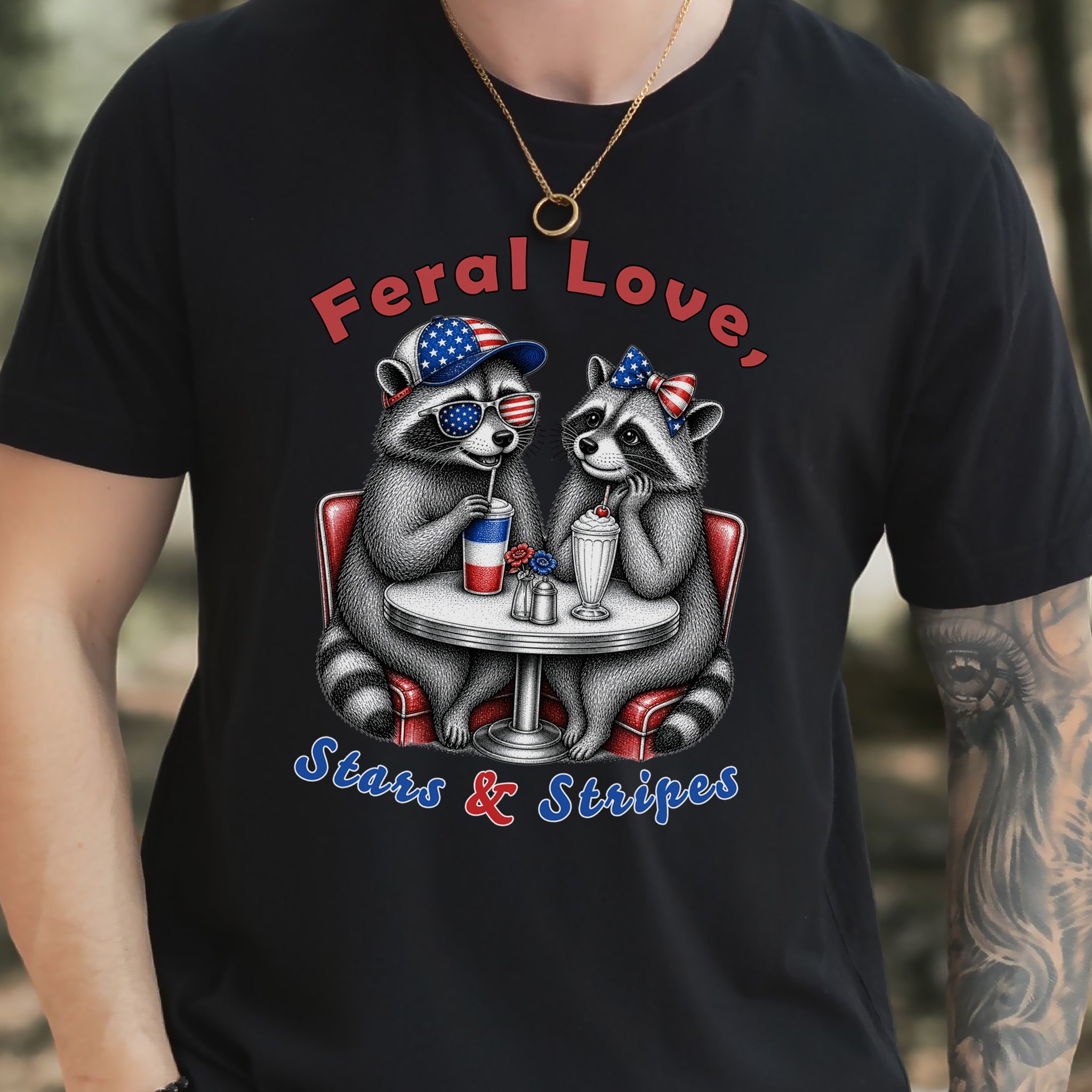 Feral Love Stars & Stripes Patriotic Raccoon Diner Date T-Shirt