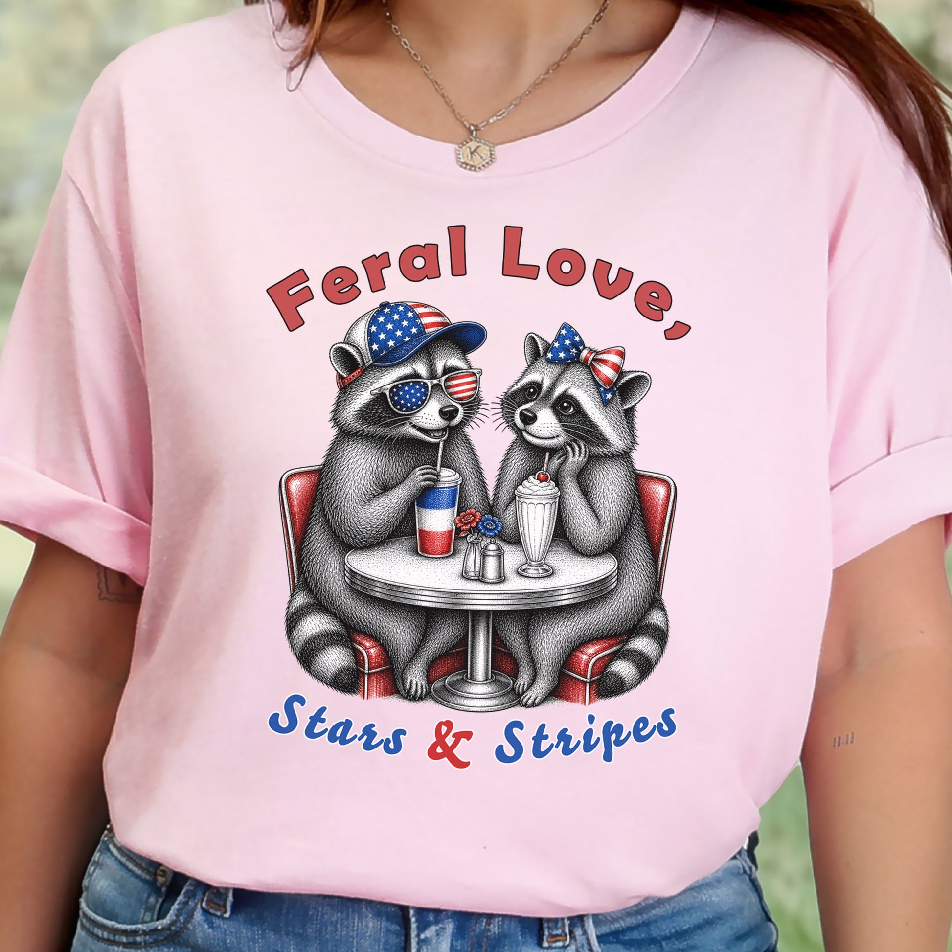 Feral Love Stars & Stripes Patriotic Raccoon Diner Date T-Shirt