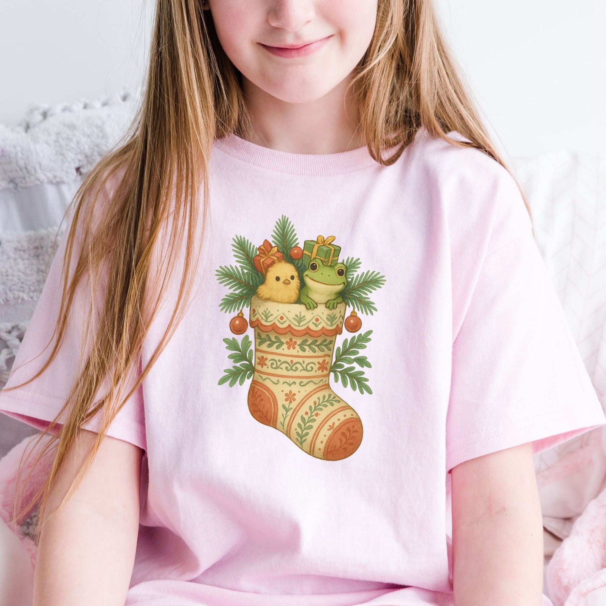 Festive Stocking Friends Youth Tee – Cute Frog & Chick Christmas Shirt
