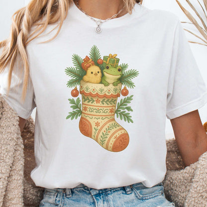 Festive Stocking Friends T-Shirt – Cute Frog & Chick Christmas Tee