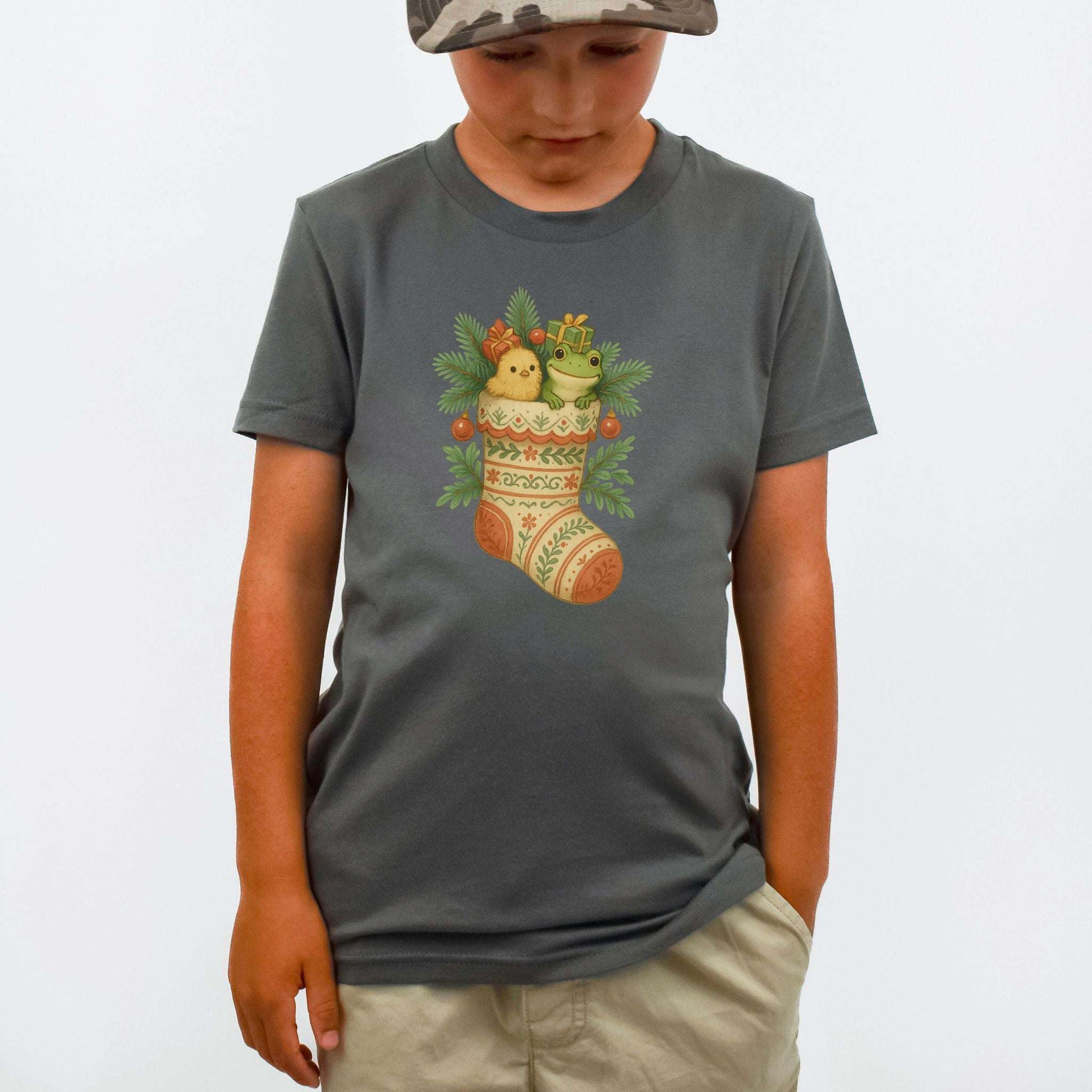 Festive Stocking Friends Youth Tee – Cute Frog & Chick Christmas Shirt