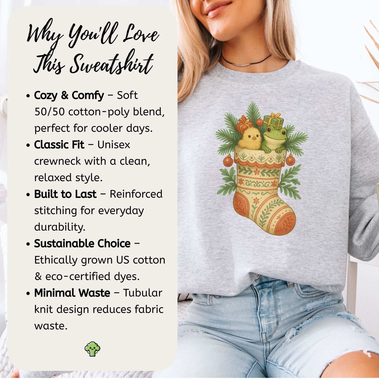 Festive Stocking Friends Sweatshirt – Cute Frog & Chick Christmas Cozy