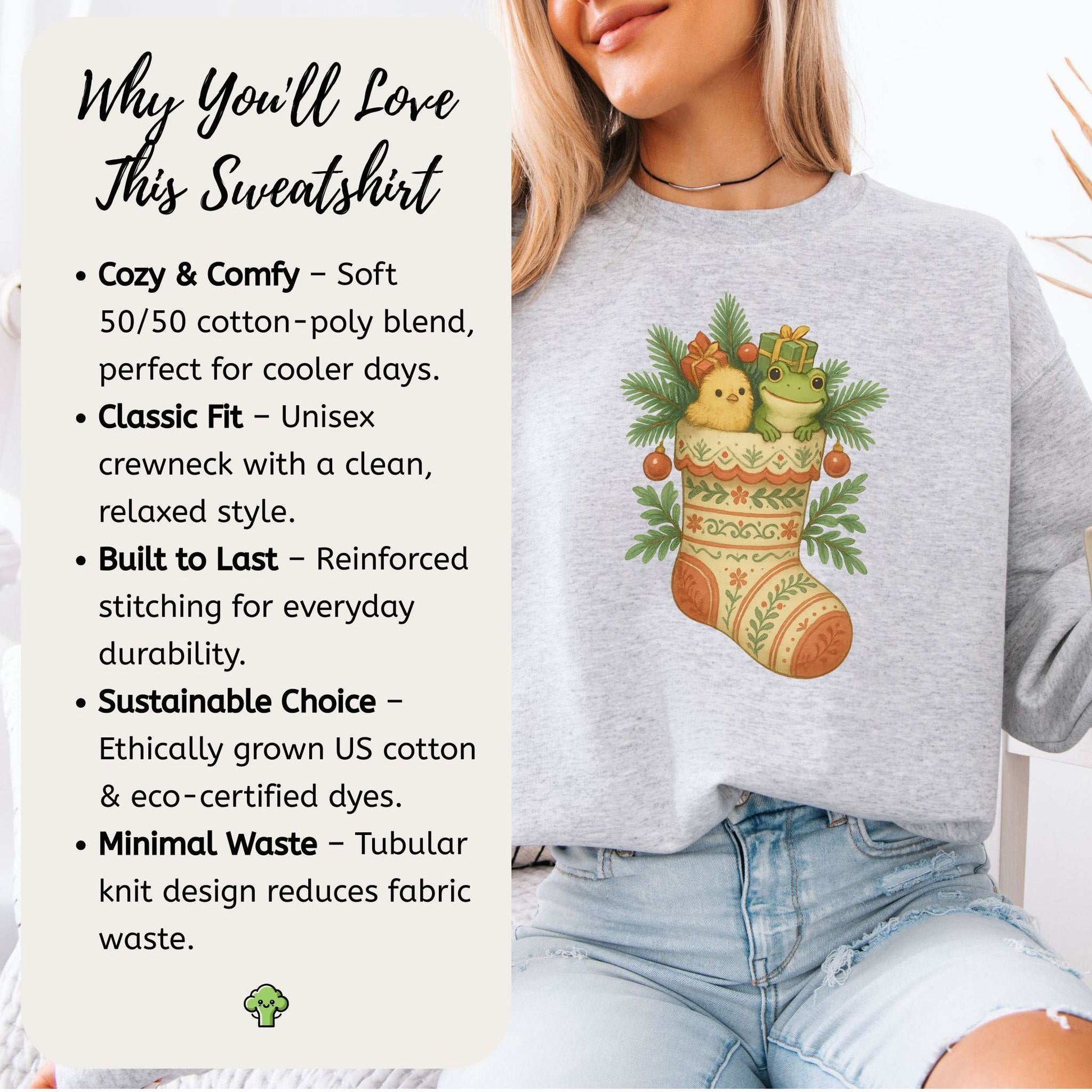 Festive Stocking Friends Sweatshirt – Cute Frog & Chick Christmas Cozy