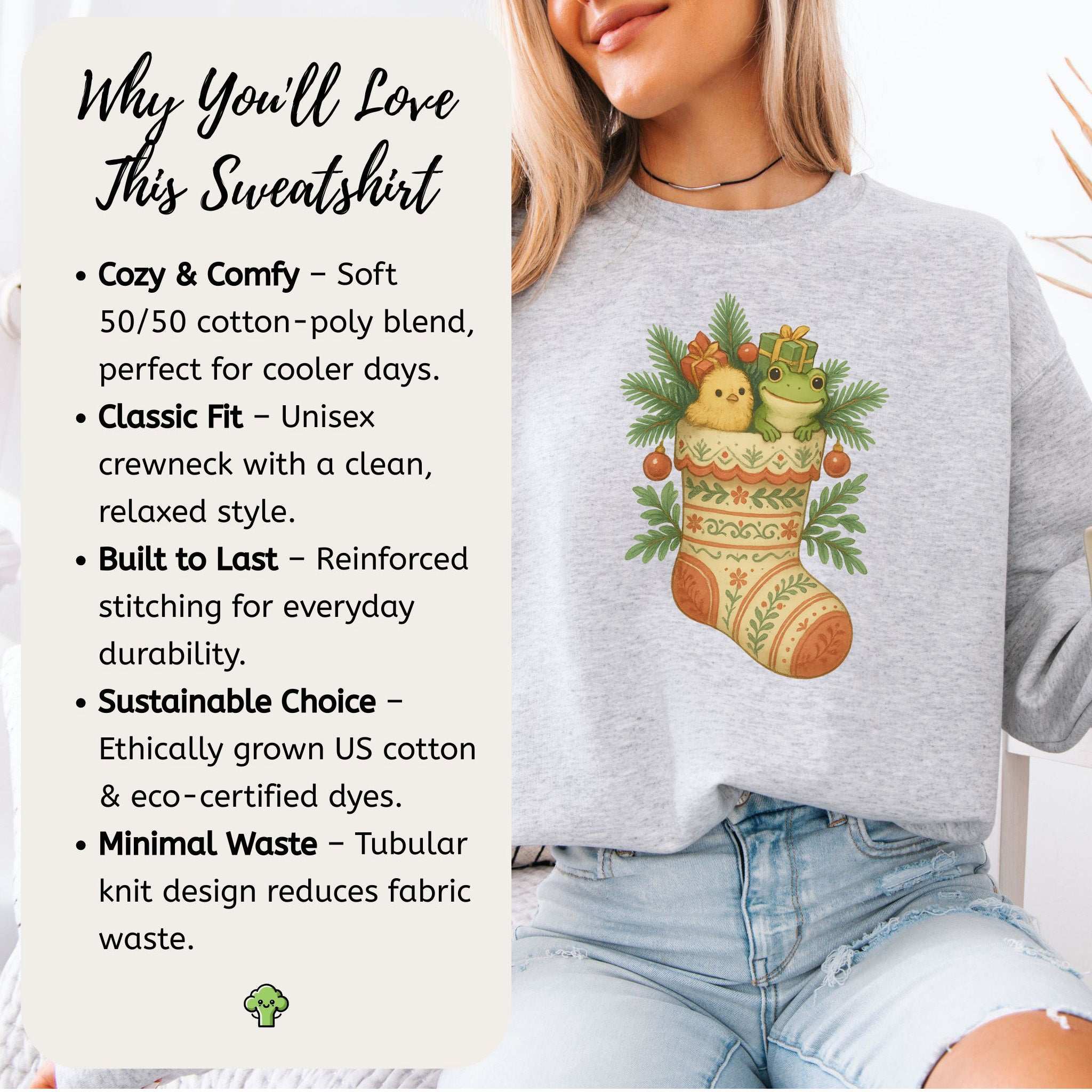 Festive Stocking Friends Sweatshirt – Cute Frog & Chick Christmas Cozy