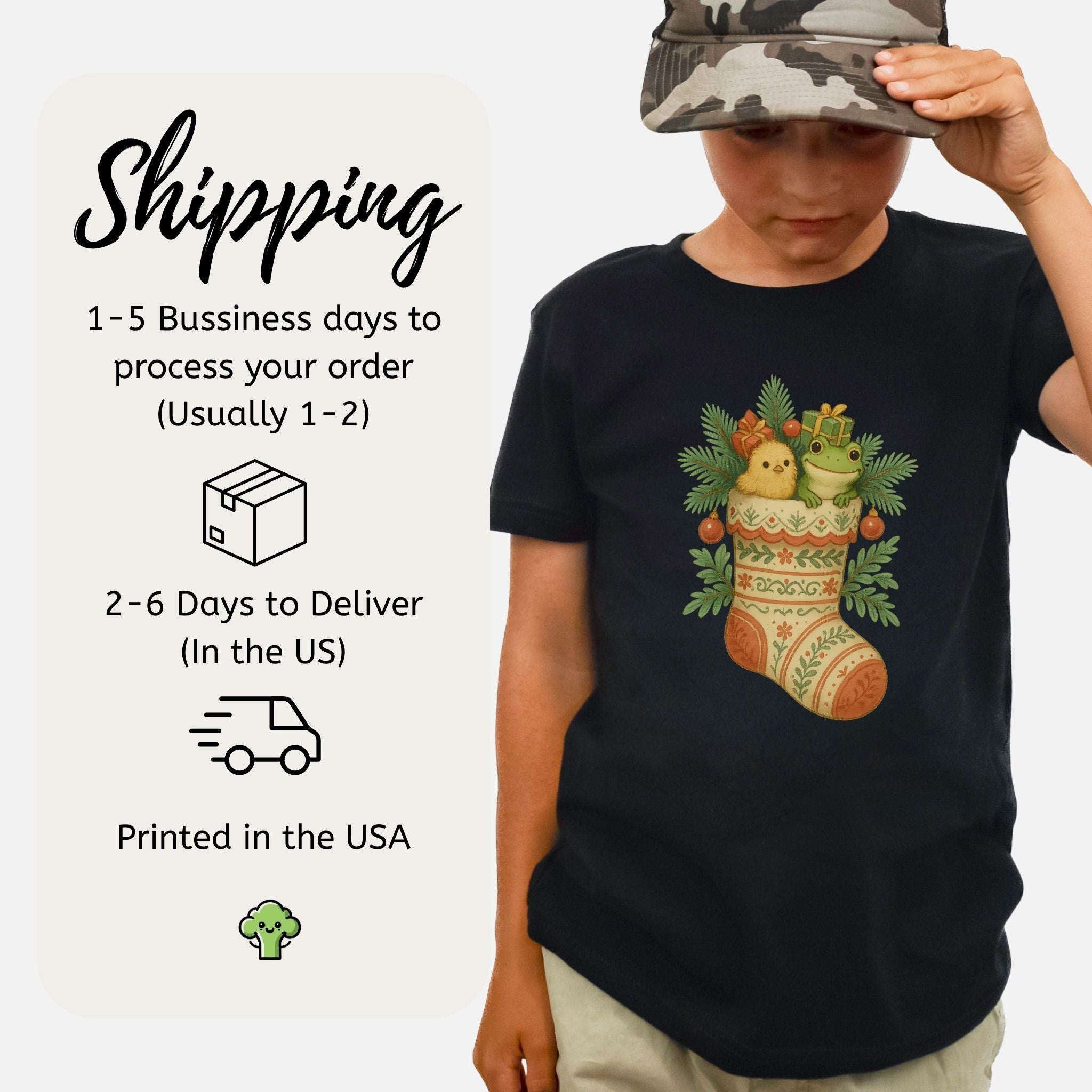 Festive Stocking Friends Youth Tee – Cute Frog & Chick Christmas Shirt