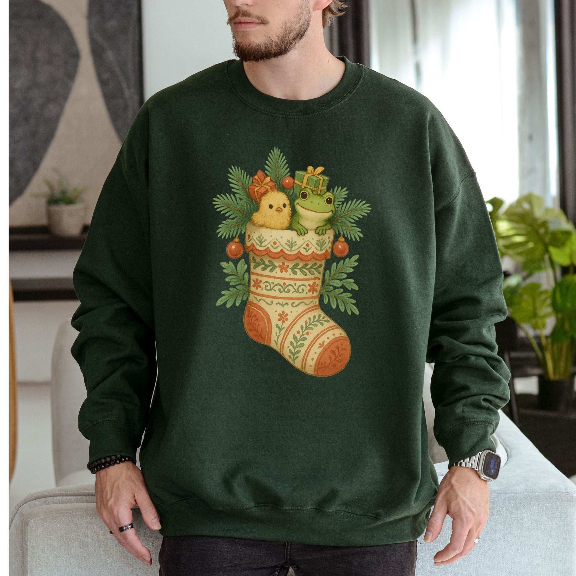 Festive Stocking Friends Sweatshirt – Cute Frog & Chick Christmas Cozy
