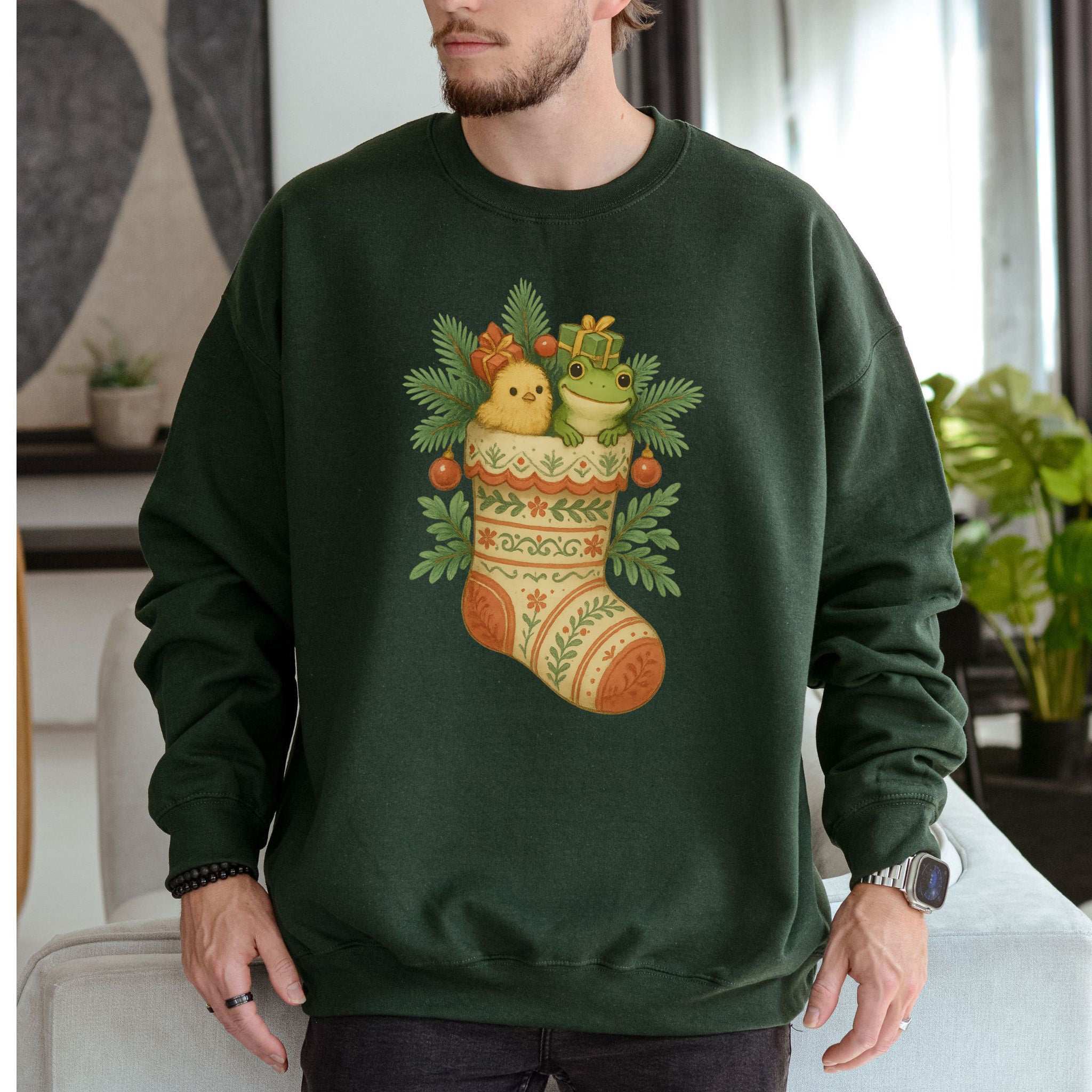 Festive Stocking Friends Sweatshirt – Cute Frog & Chick Christmas Cozy
