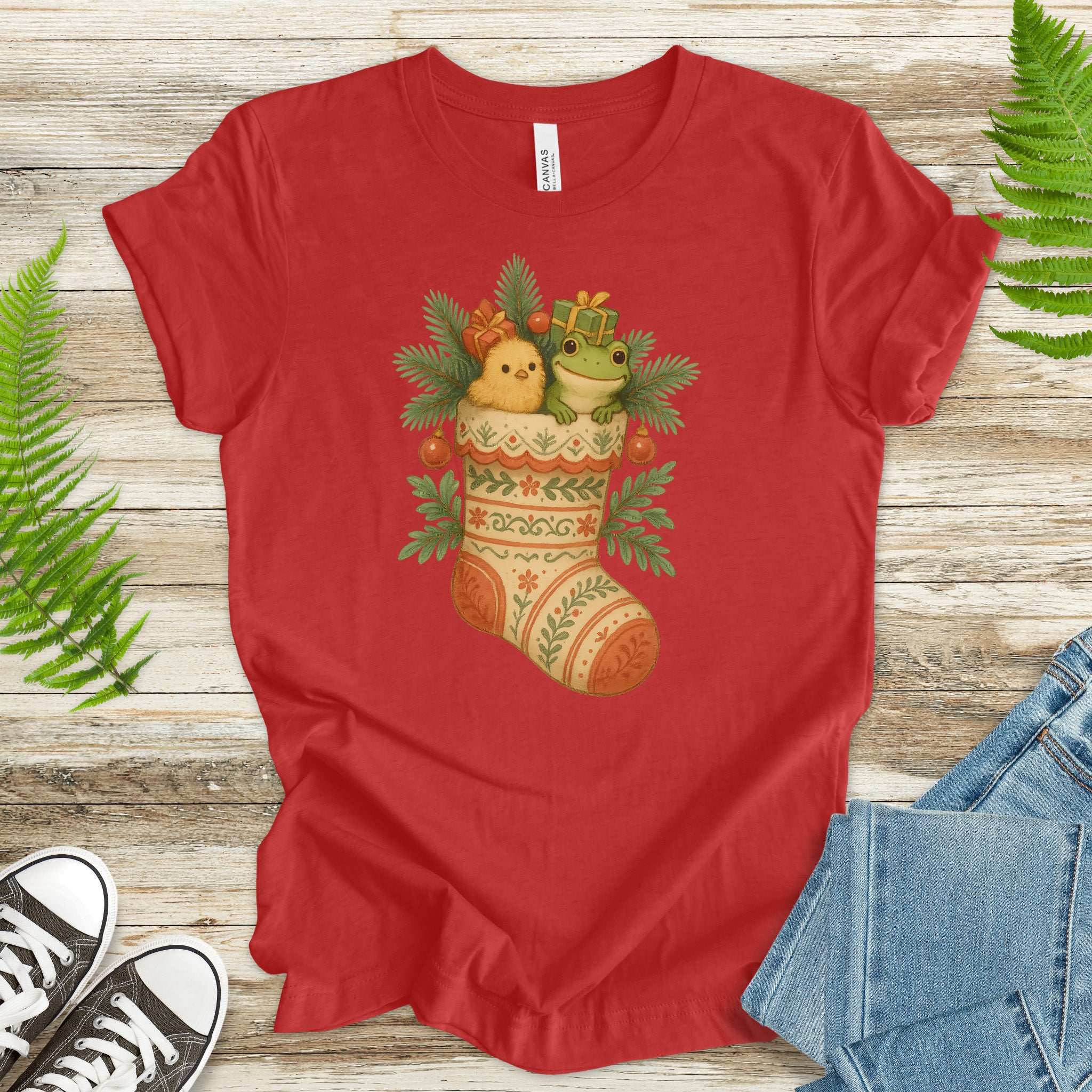 Festive Stocking Friends T-Shirt – Cute Frog & Chick Christmas Tee
