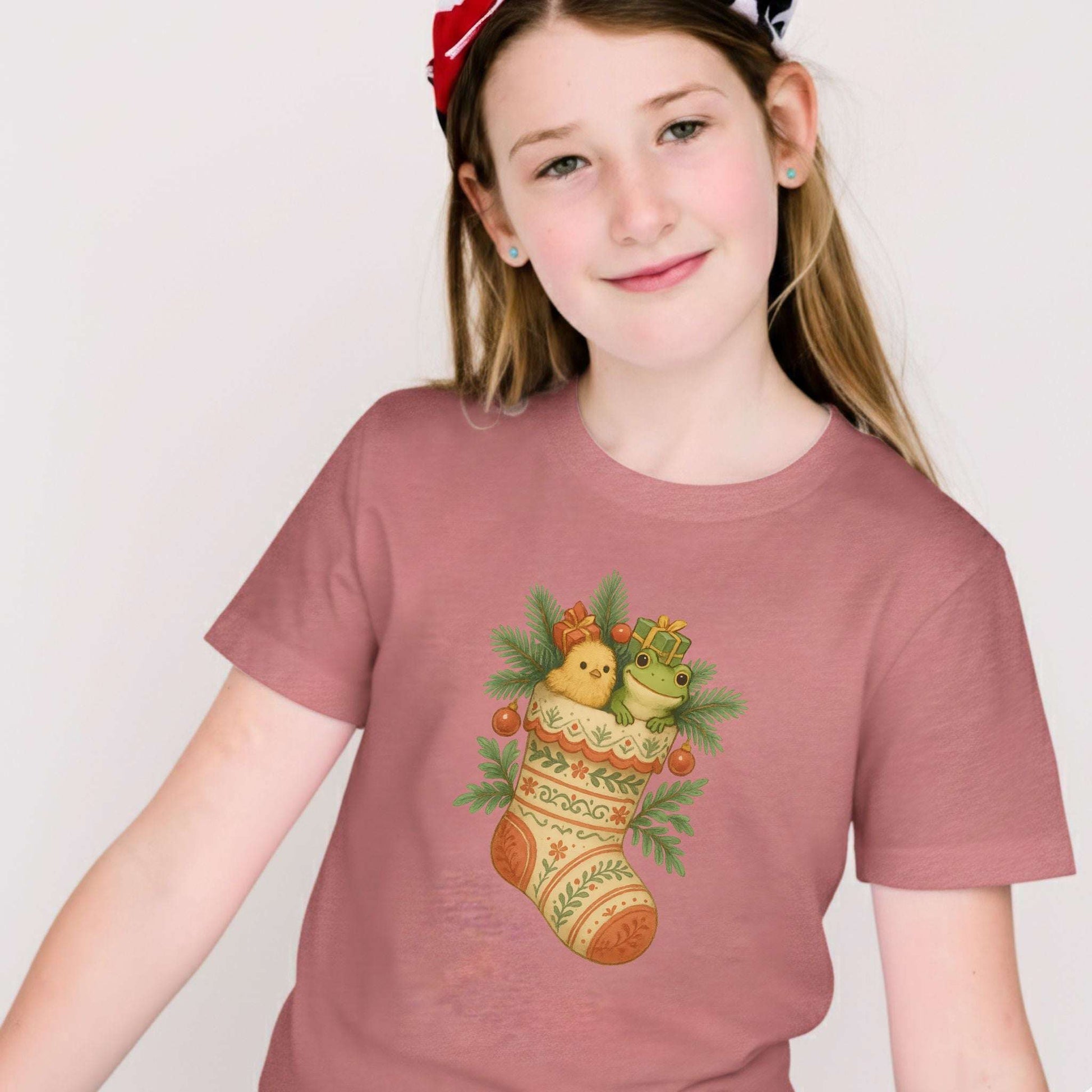 Festive Stocking Friends Youth Tee – Cute Frog & Chick Christmas Shirt