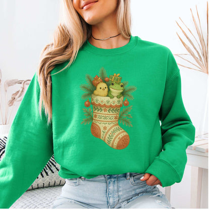 Festive Stocking Friends Sweatshirt – Cute Frog & Chick Christmas Cozy