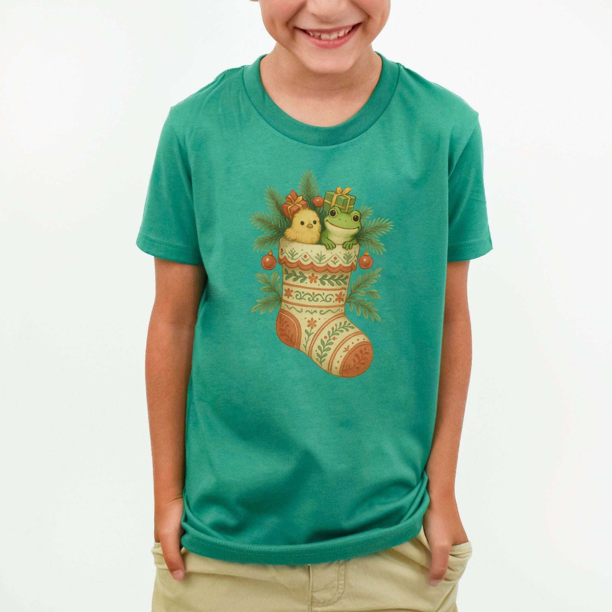 Festive Stocking Friends Youth Tee – Cute Frog & Chick Christmas Shirt