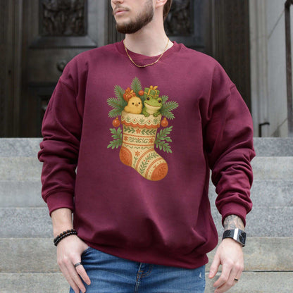 Festive Stocking Friends Sweatshirt – Cute Frog & Chick Christmas Cozy
