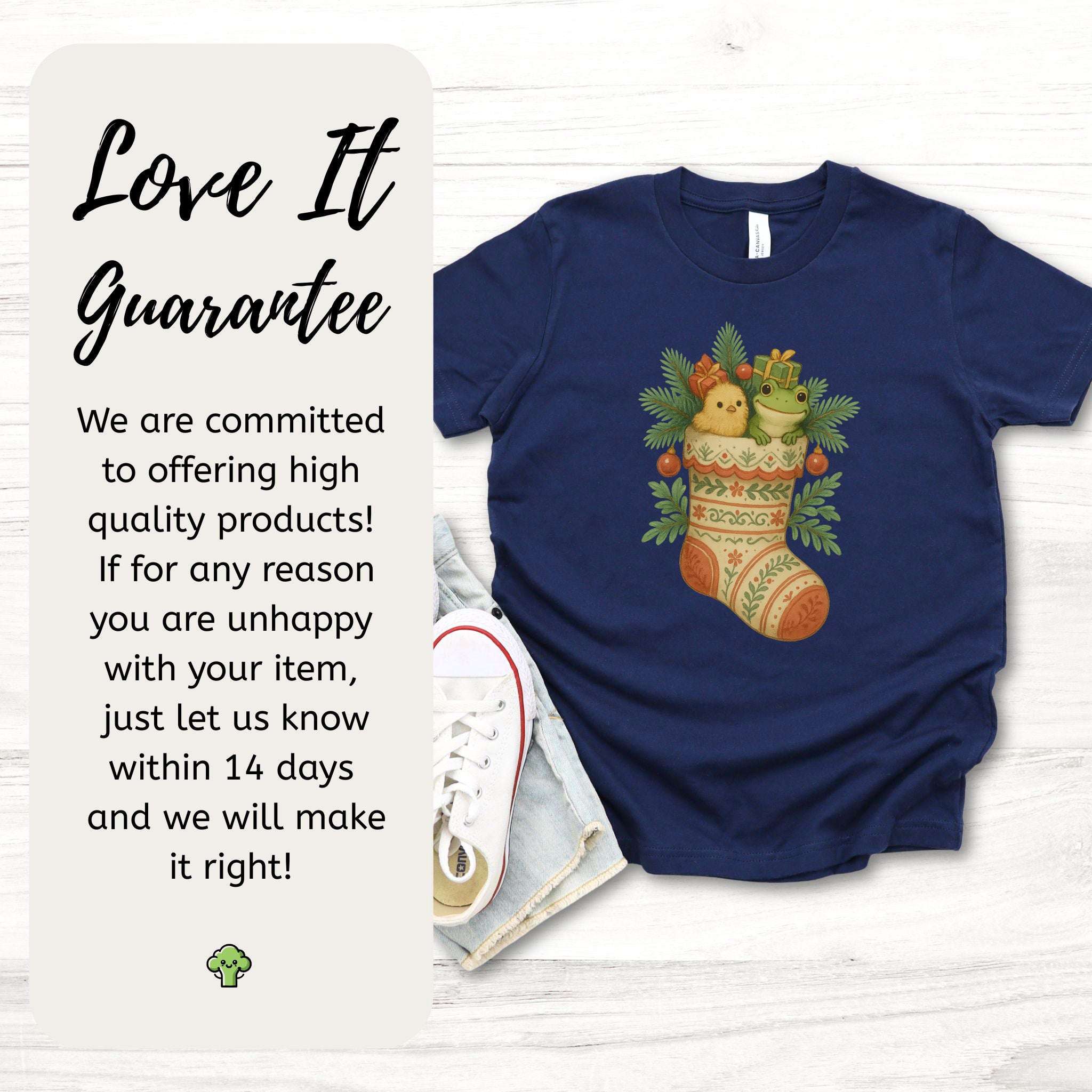 Festive Stocking Friends Youth Tee – Cute Frog & Chick Christmas Shirt