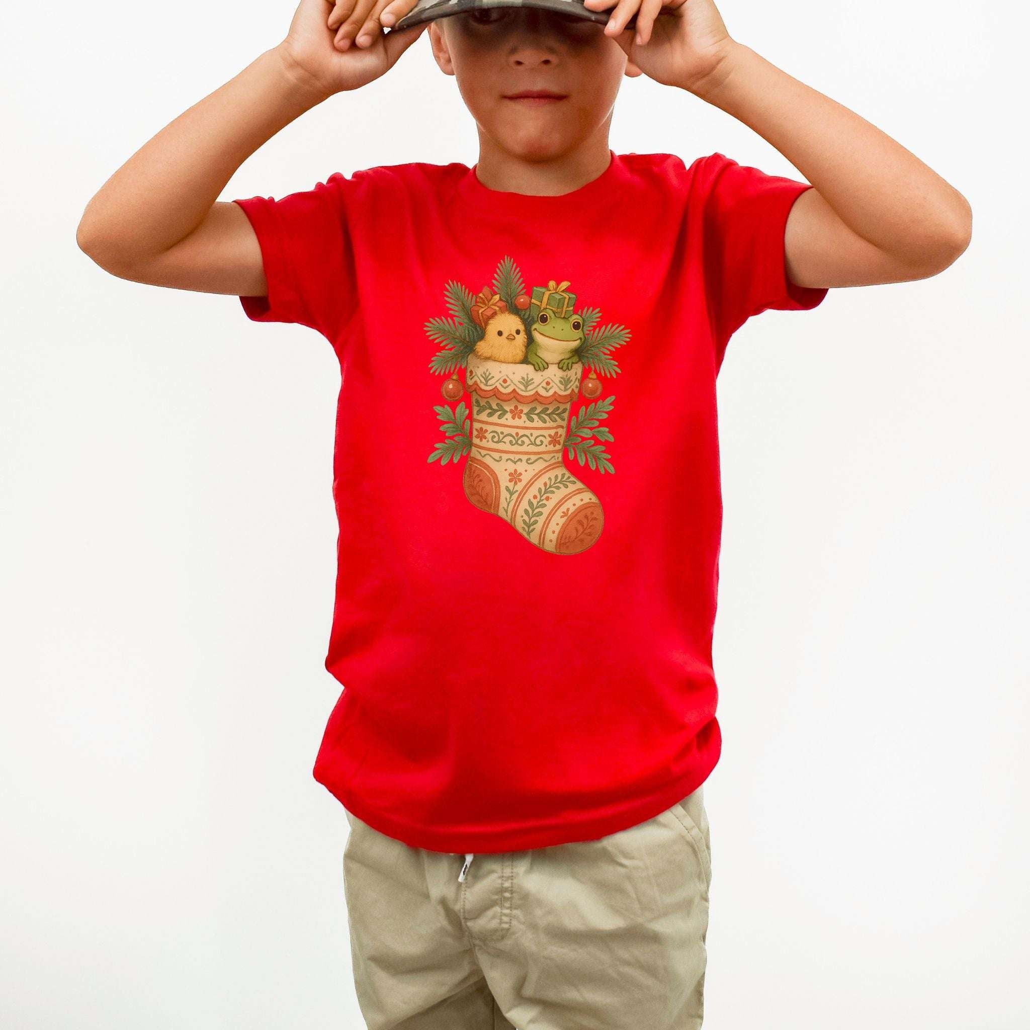 Festive Stocking Friends Youth Tee – Cute Frog & Chick Christmas Shirt