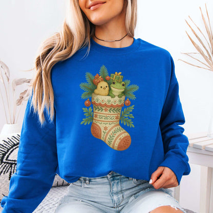 Festive Stocking Friends Sweatshirt – Cute Frog & Chick Christmas Cozy