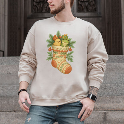 Festive Stocking Friends Sweatshirt – Cute Frog & Chick Christmas Cozy