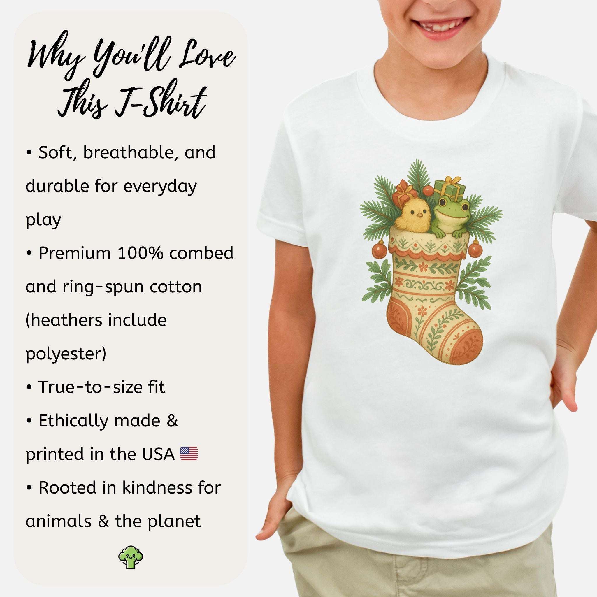 Festive Stocking Friends Youth Tee – Cute Frog & Chick Christmas Shirt