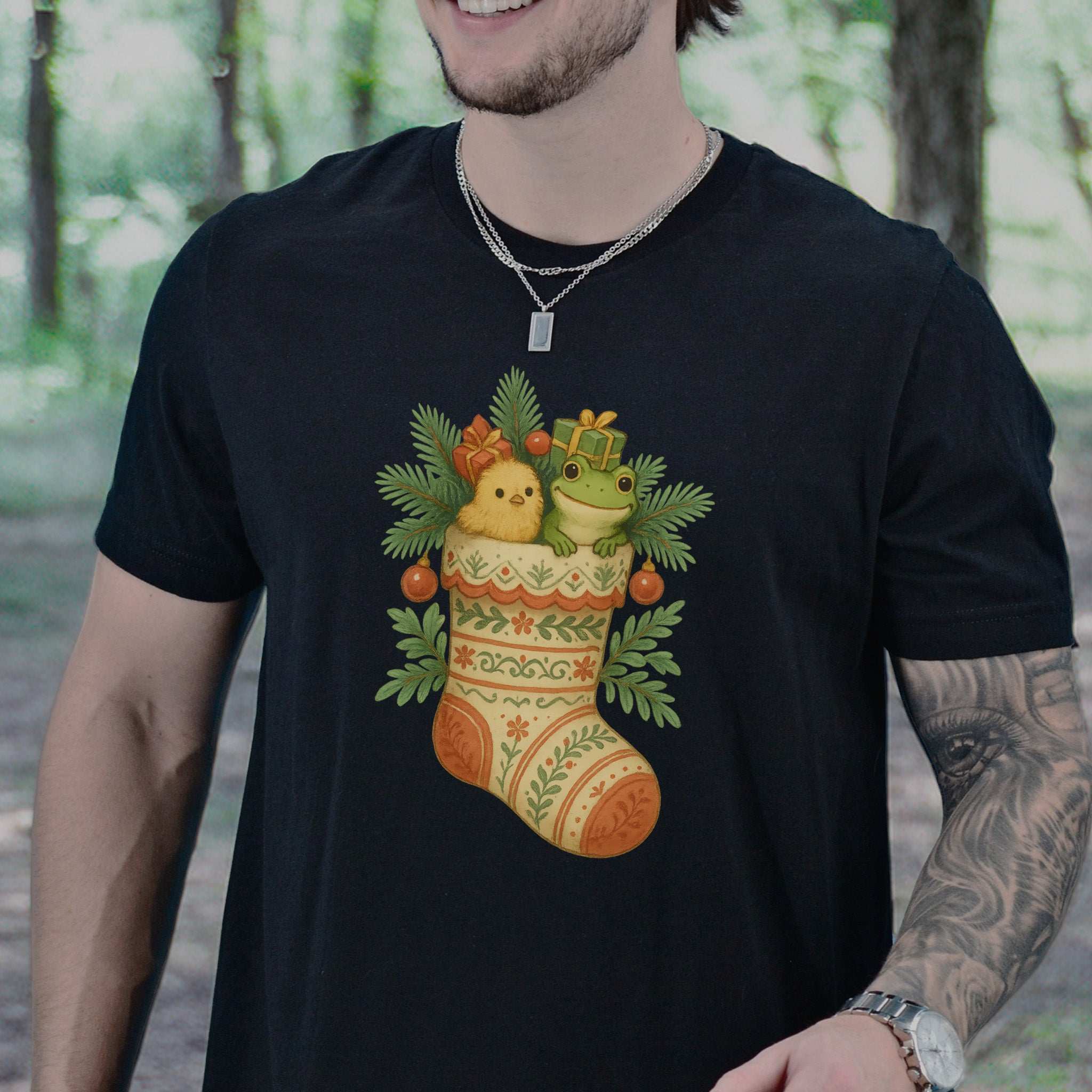 Festive Stocking Friends T-Shirt – Cute Frog & Chick Christmas Tee