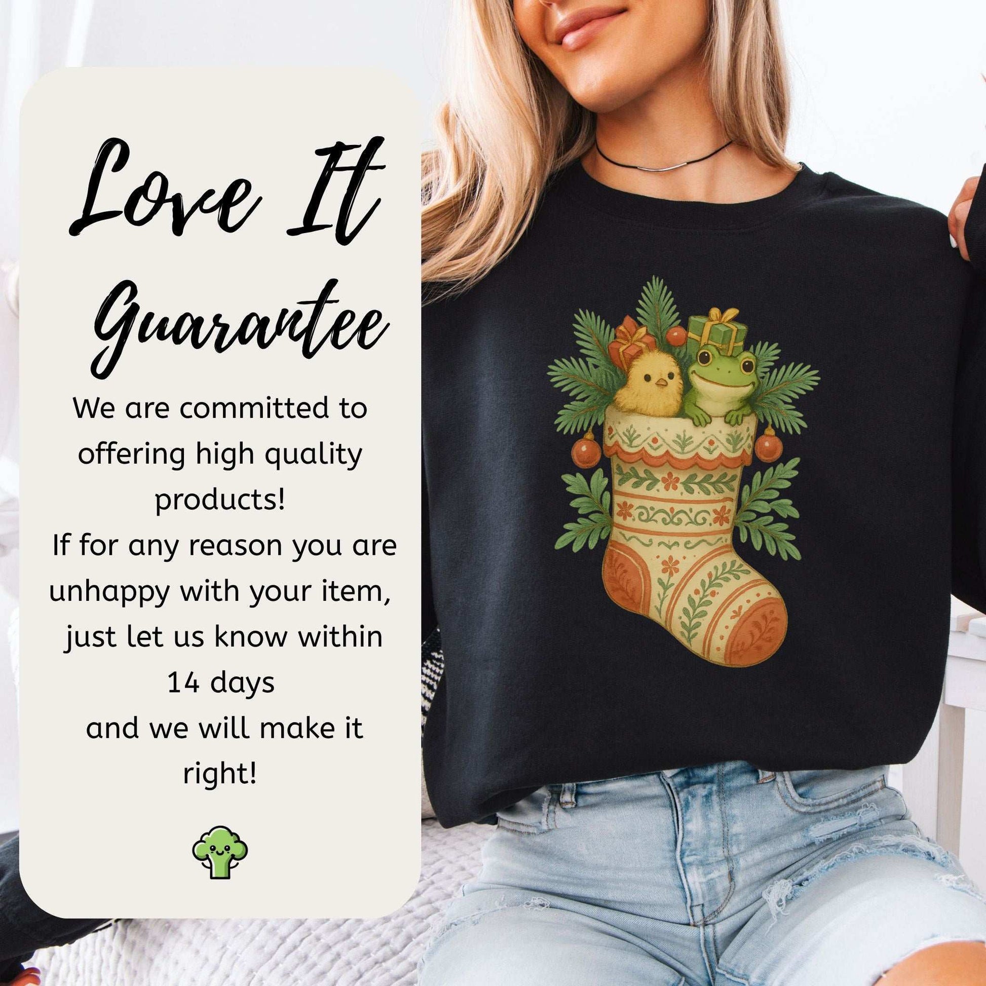 Festive Stocking Friends Sweatshirt – Cute Frog & Chick Christmas Cozy