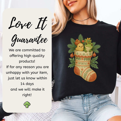 Festive Stocking Friends Sweatshirt – Cute Frog & Chick Christmas Cozy